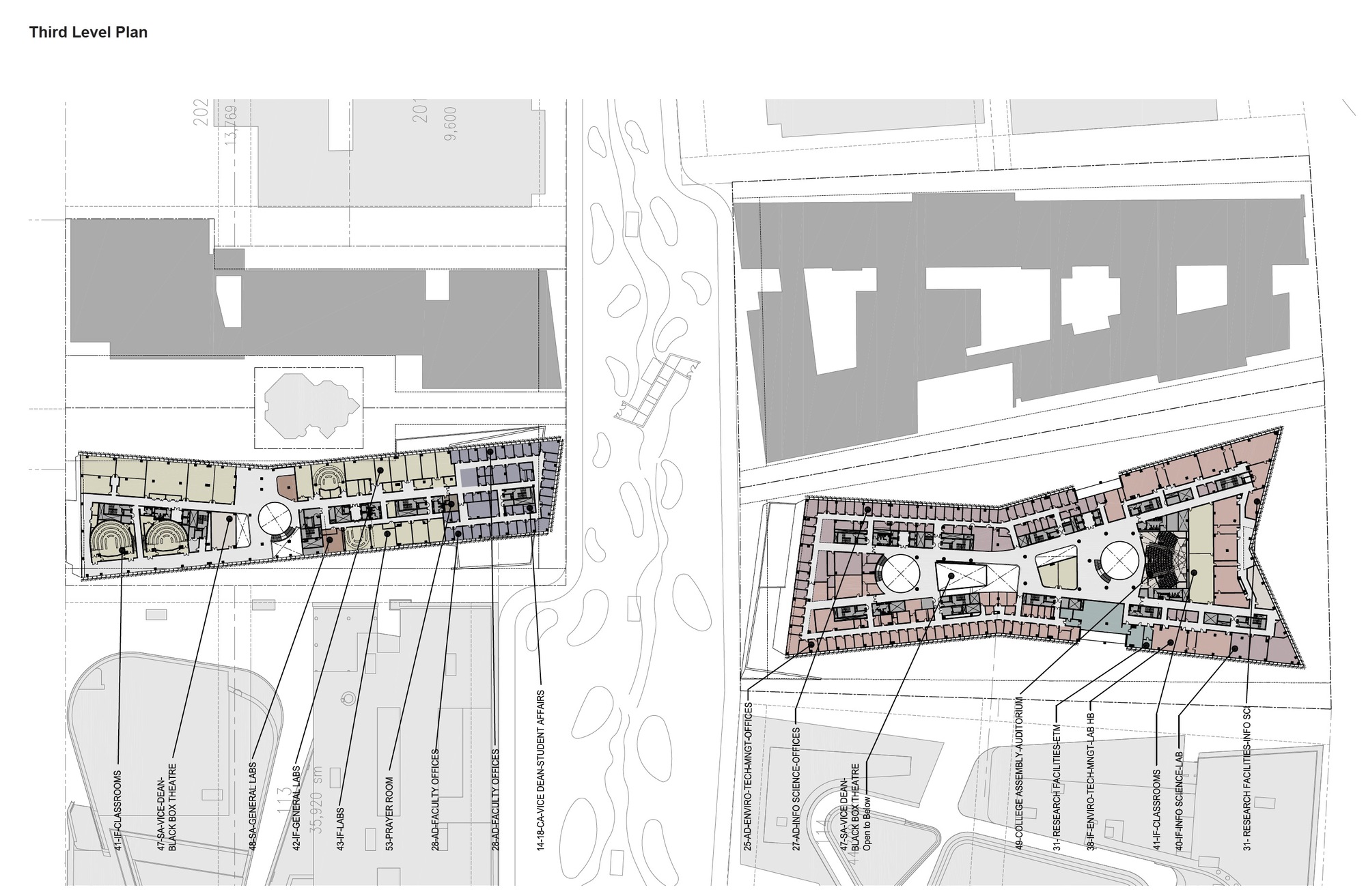 Third level floor plan drawing displaying interior room layouts and central circular elements in both structures