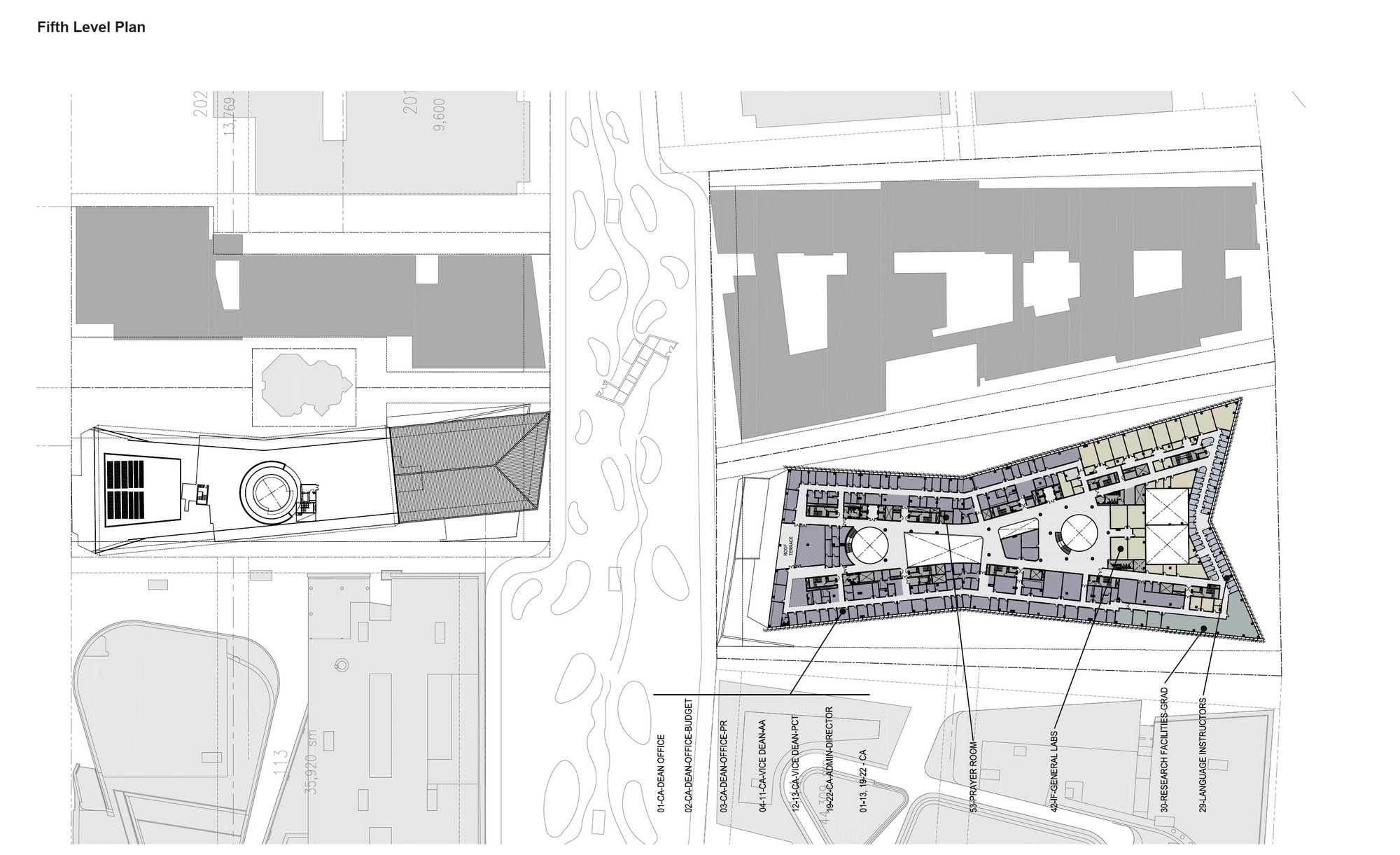 Fifth level floor plan drawing depicting reduced floor area with rooftop elements and voids in both buildings