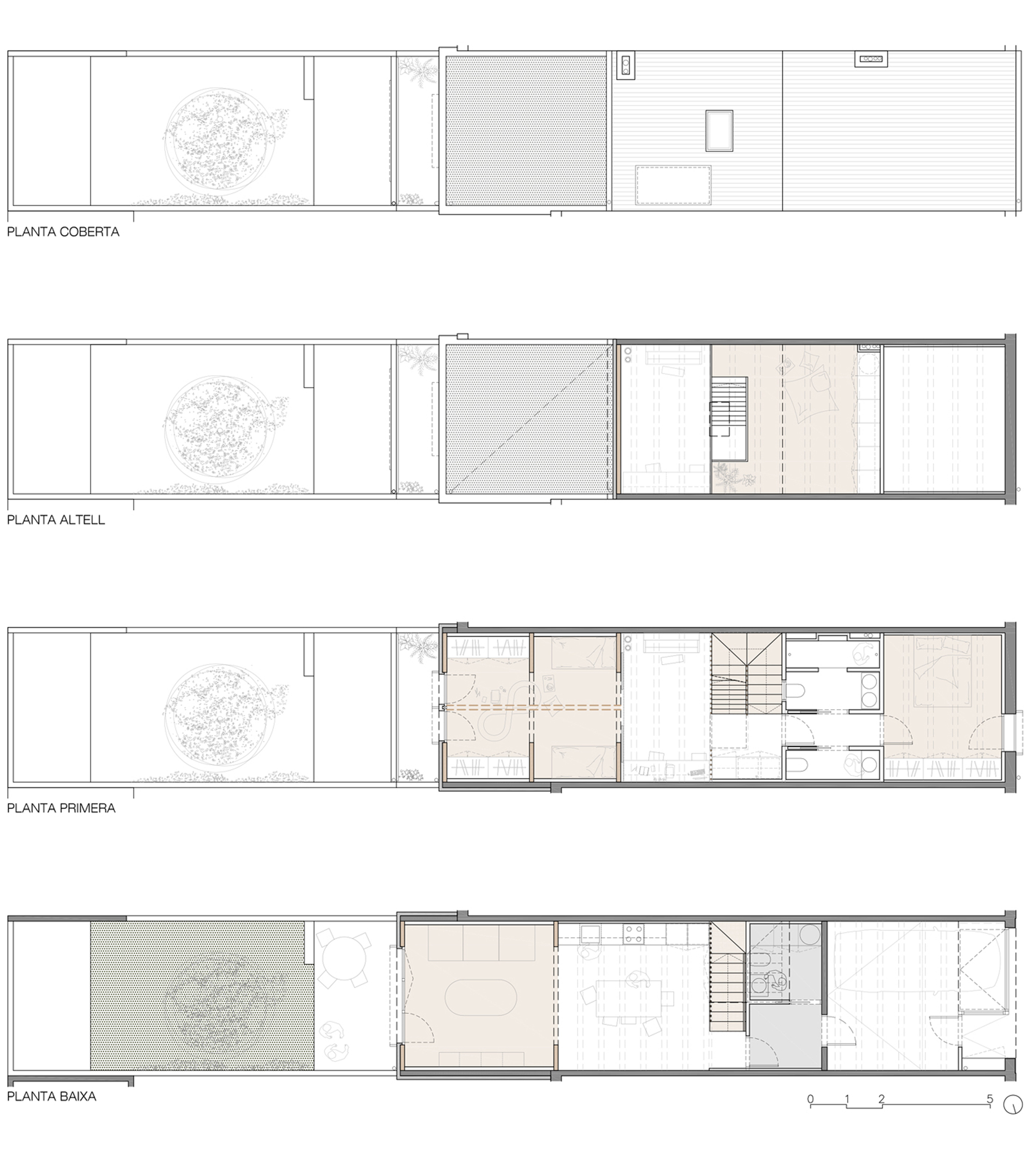 Floor plan drawings showing four levels with a central staircase and a tree in a courtyard
