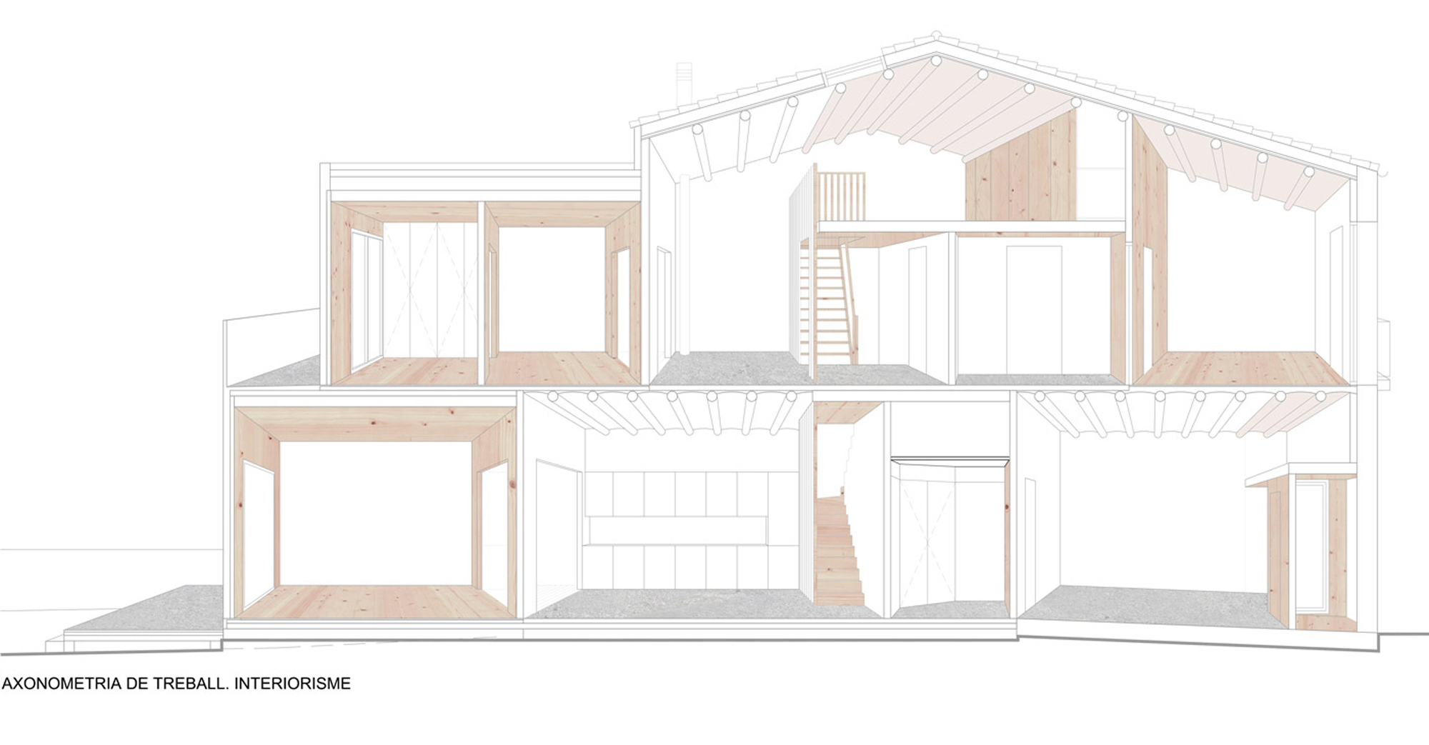 Axonometric section drawing showing timber-framed rooms across two floors with exposed rafters