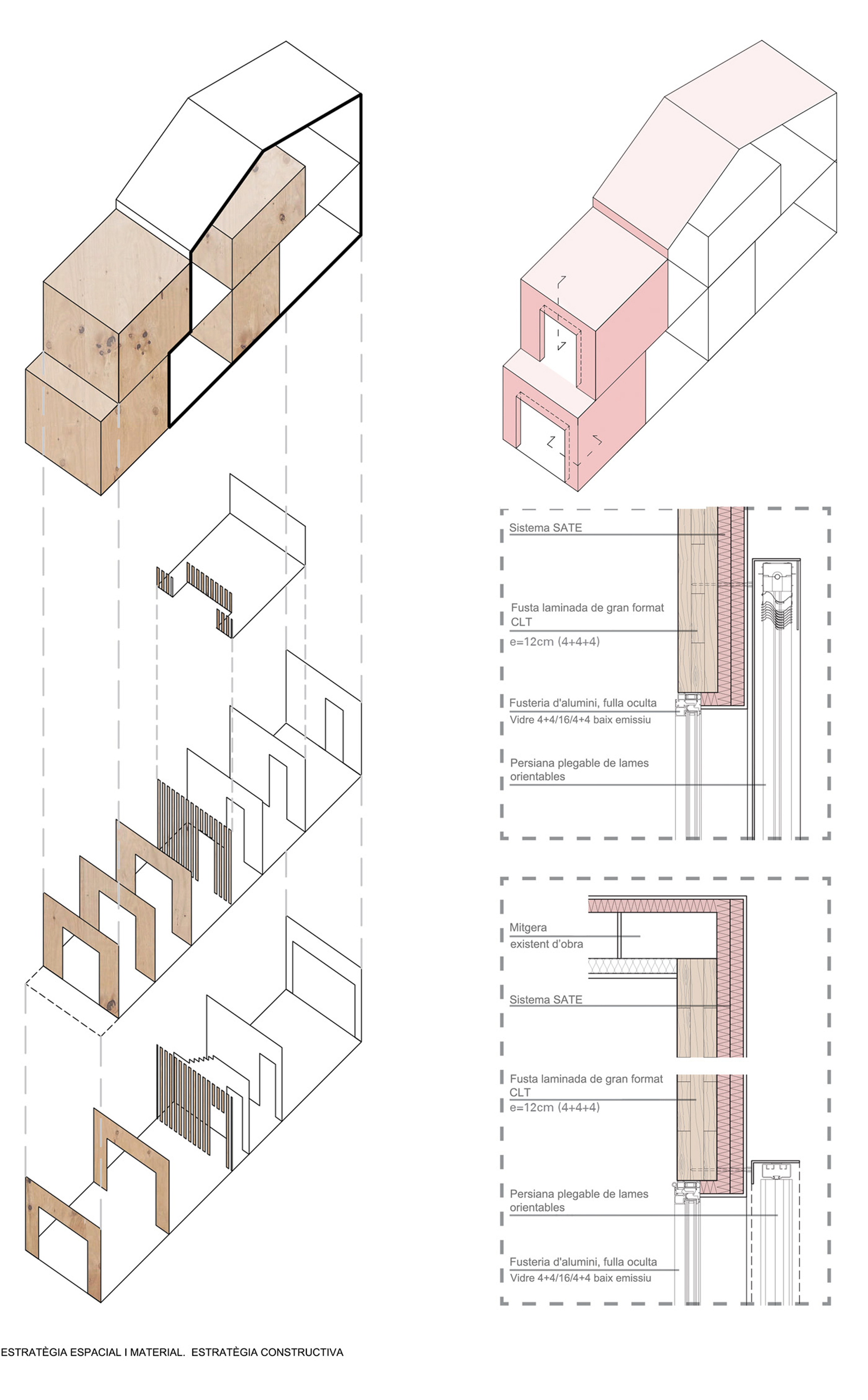 Isometric diagrams illustrating spatial strategy and construction details with timber and masonry assemblies