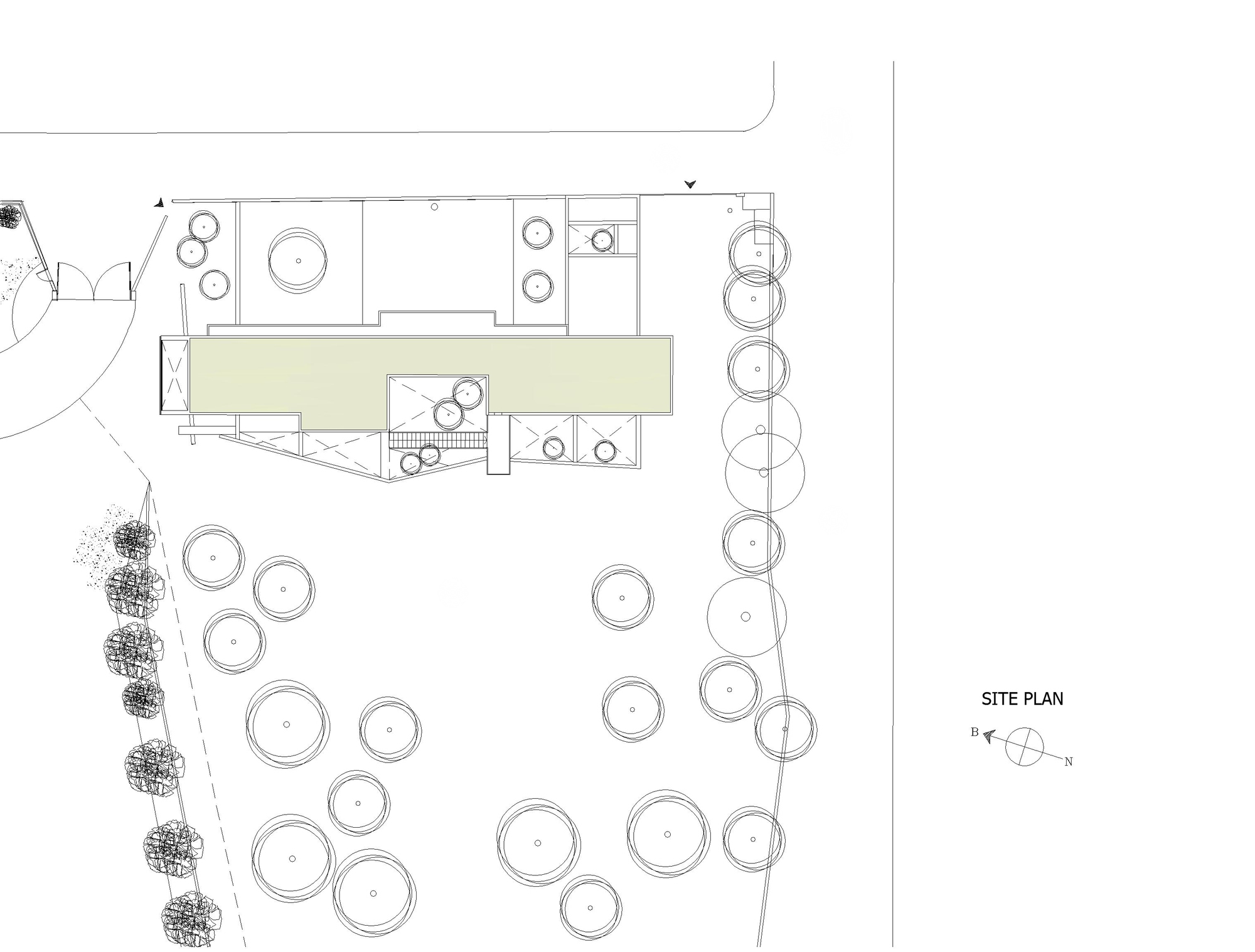Site plan drawing showing a rectangular volume with interior courtyards and circular tree symbols