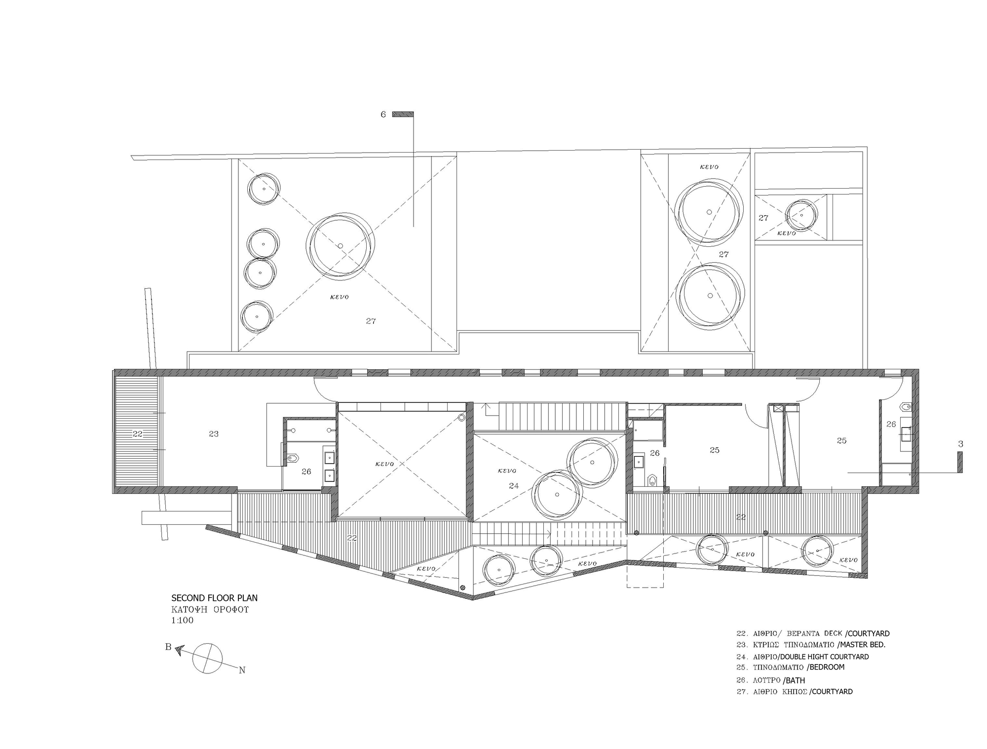 Second floor plan drawing showing an elongated structure with courtyards and angled stairs