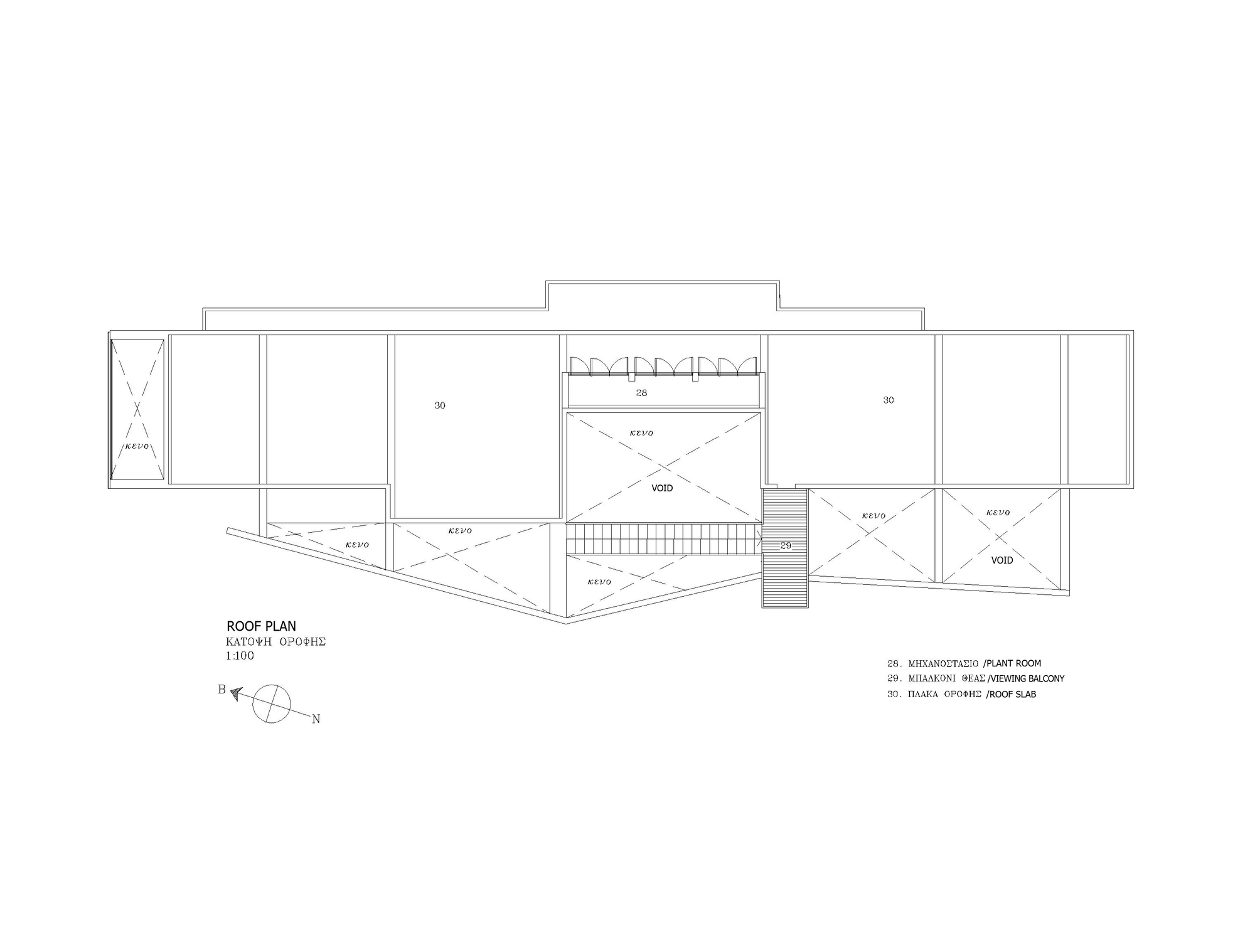 Roof plan drawing showing flat and sloped surfaces with central void spaces