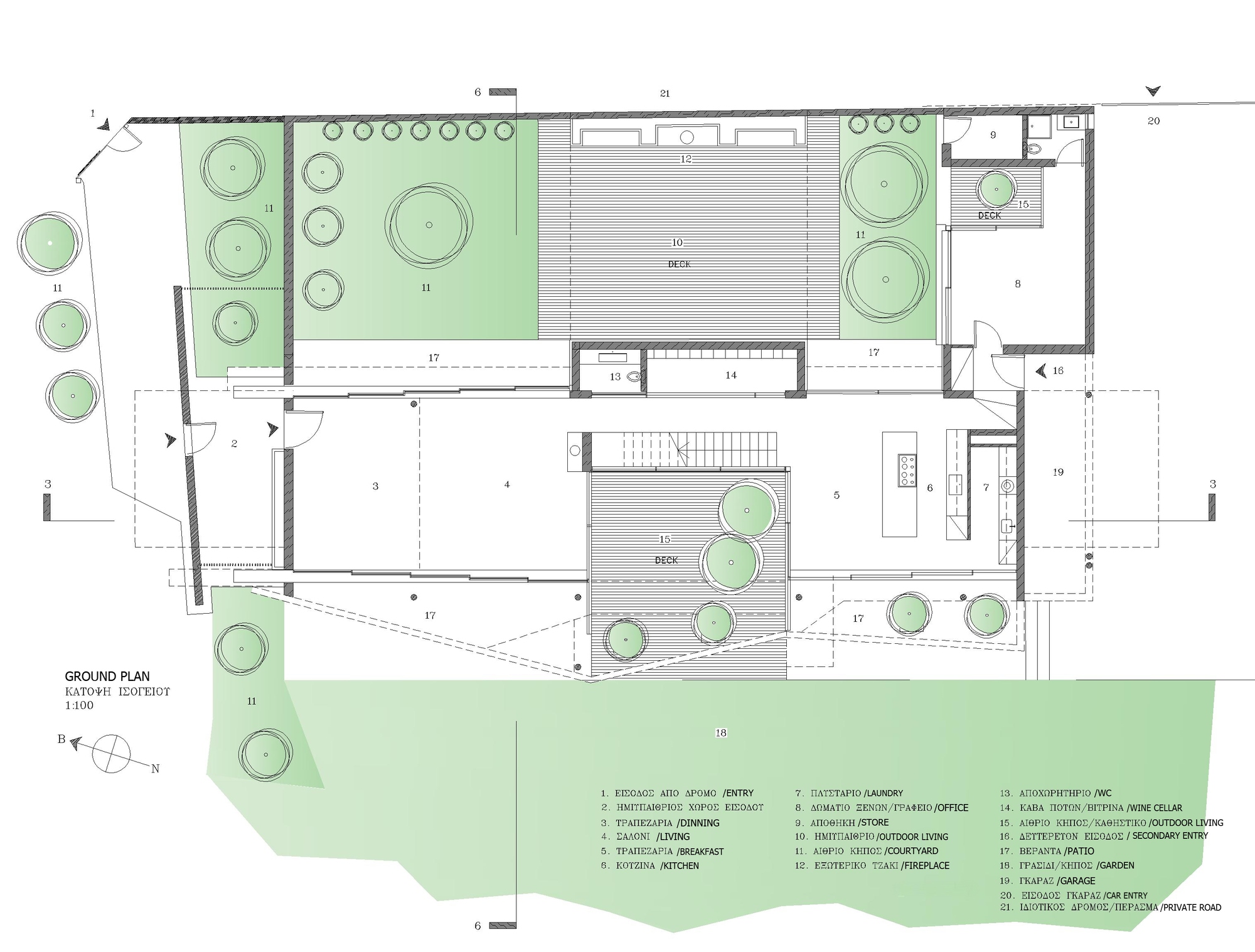 Ground floor plan drawing with green landscaped areas and circular tree symbols throughout