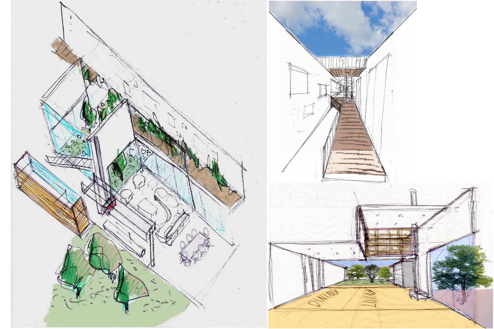 Axonometric and perspective sketches depicting terraced levels with planted courtyards and a timber staircase open to sky