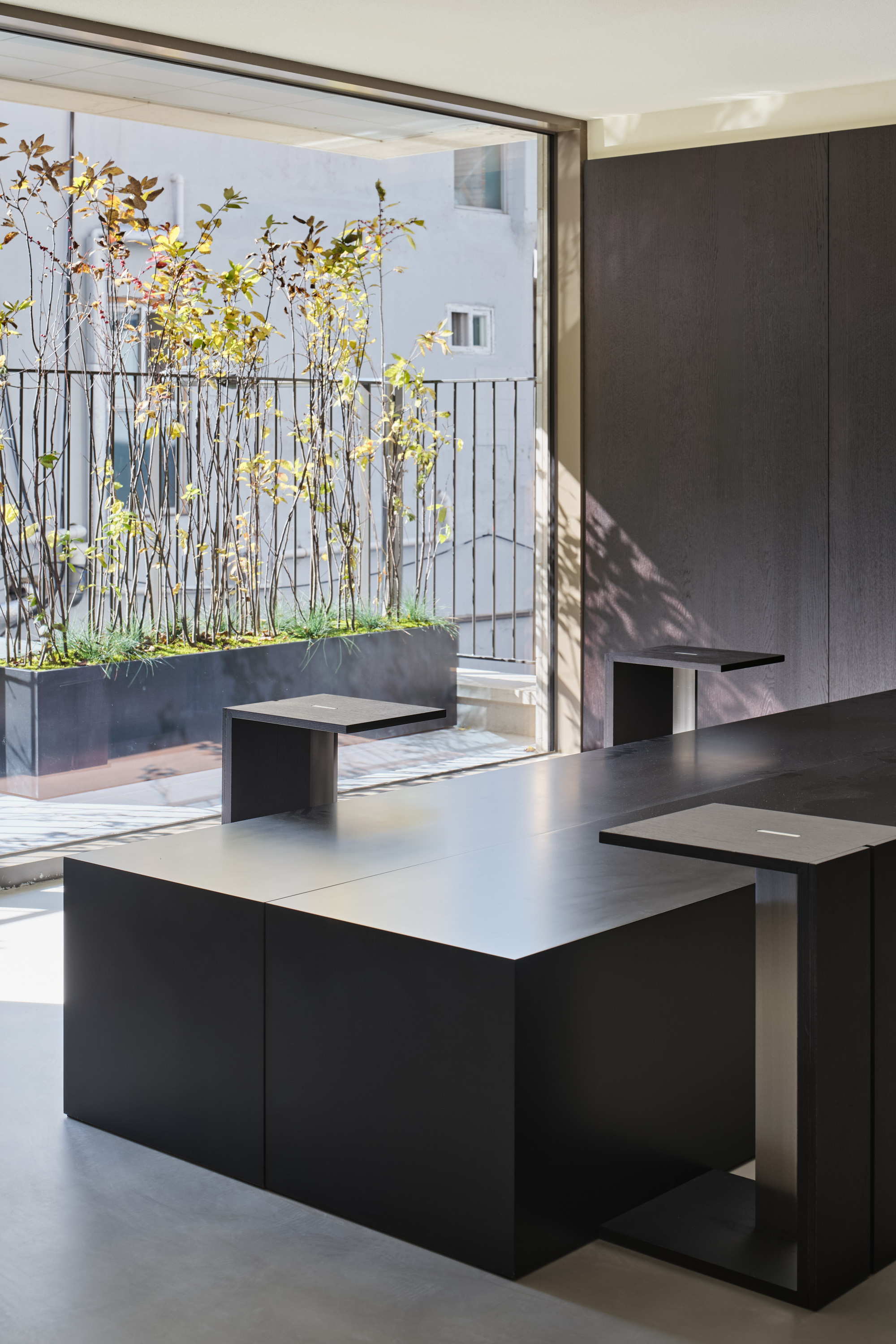 Interior view showing dark kitchen island opening to a terrace with planted boxes and yellow spring foliage