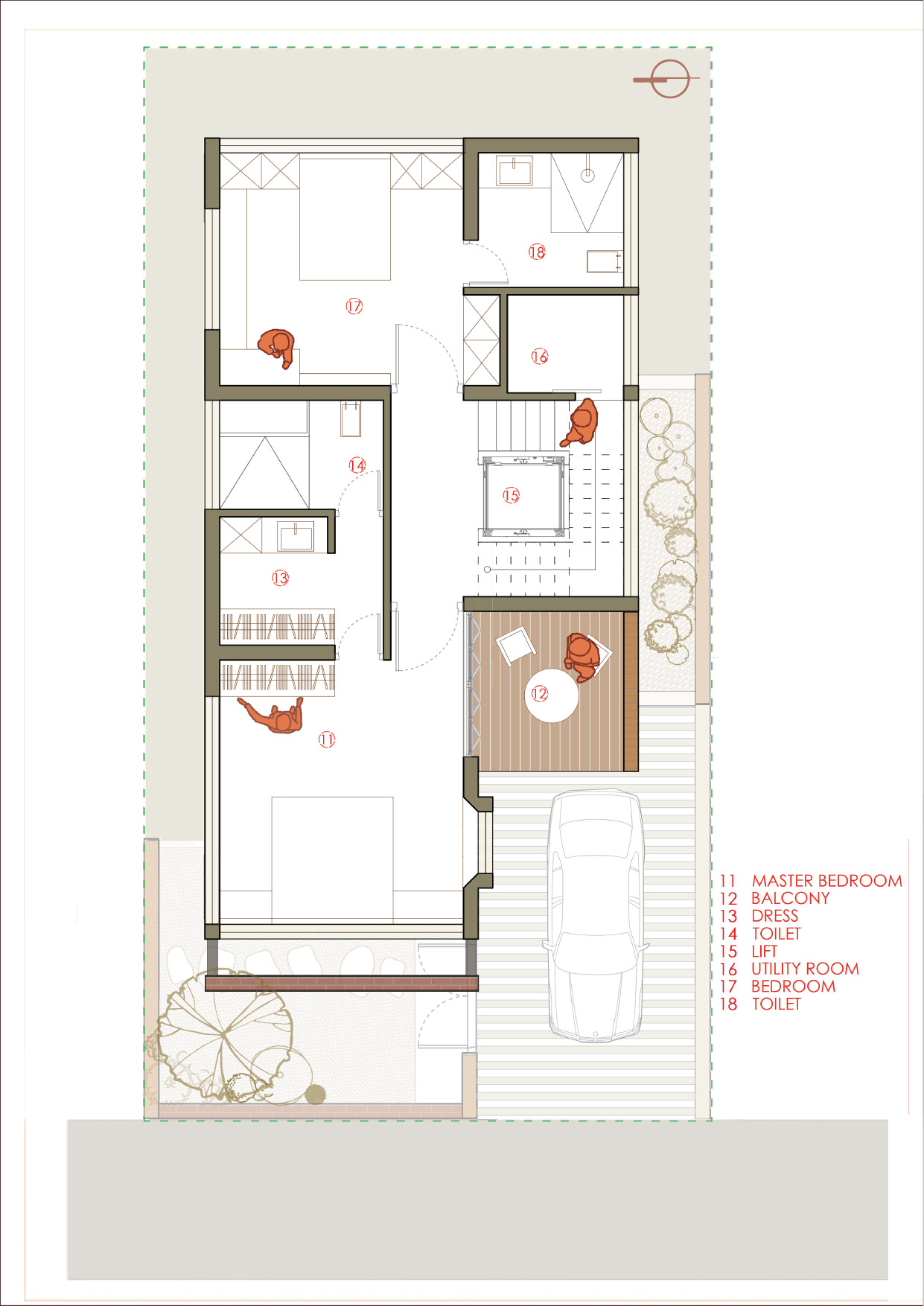 Floor plan drawing showing upper level bedroom layout with ensuite bathrooms and covered parking below