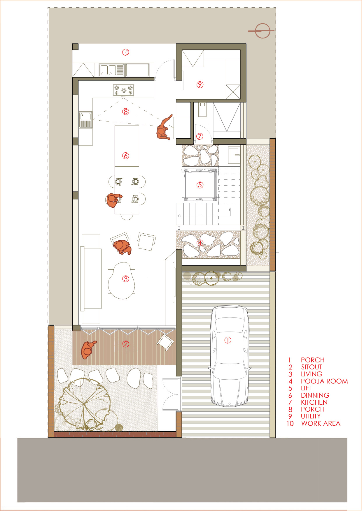 Floor plan drawing showing ground level with open living areas, kitchen and timber deck terrace