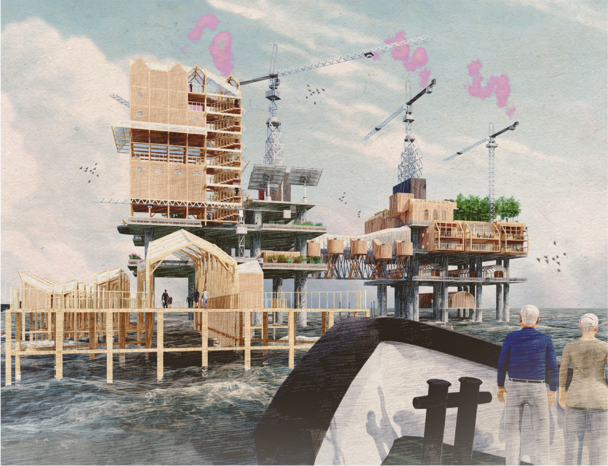Visitors arrive at the floating island through an elevated timber promenade linking ocean and architecture.