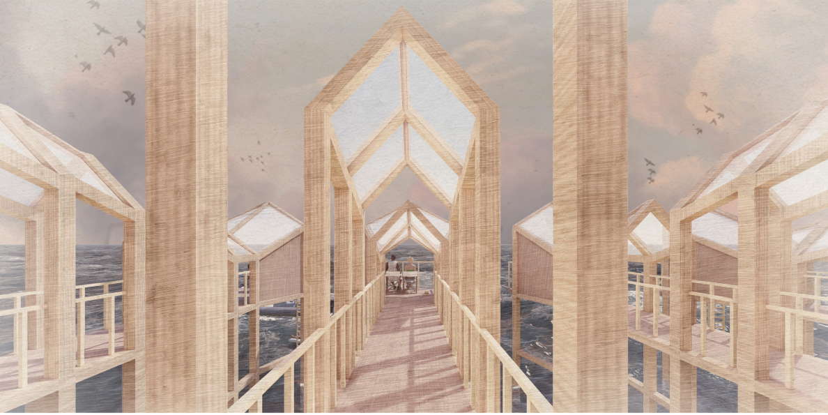 A modular timber pathway frames uninterrupted views of the sea while guiding visitors through the floating complex.