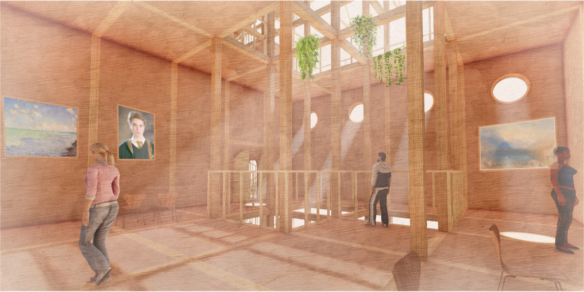 Interior gallery space combines natural light, art, and architecture to foster reflection on humanity's relationship with nature.
