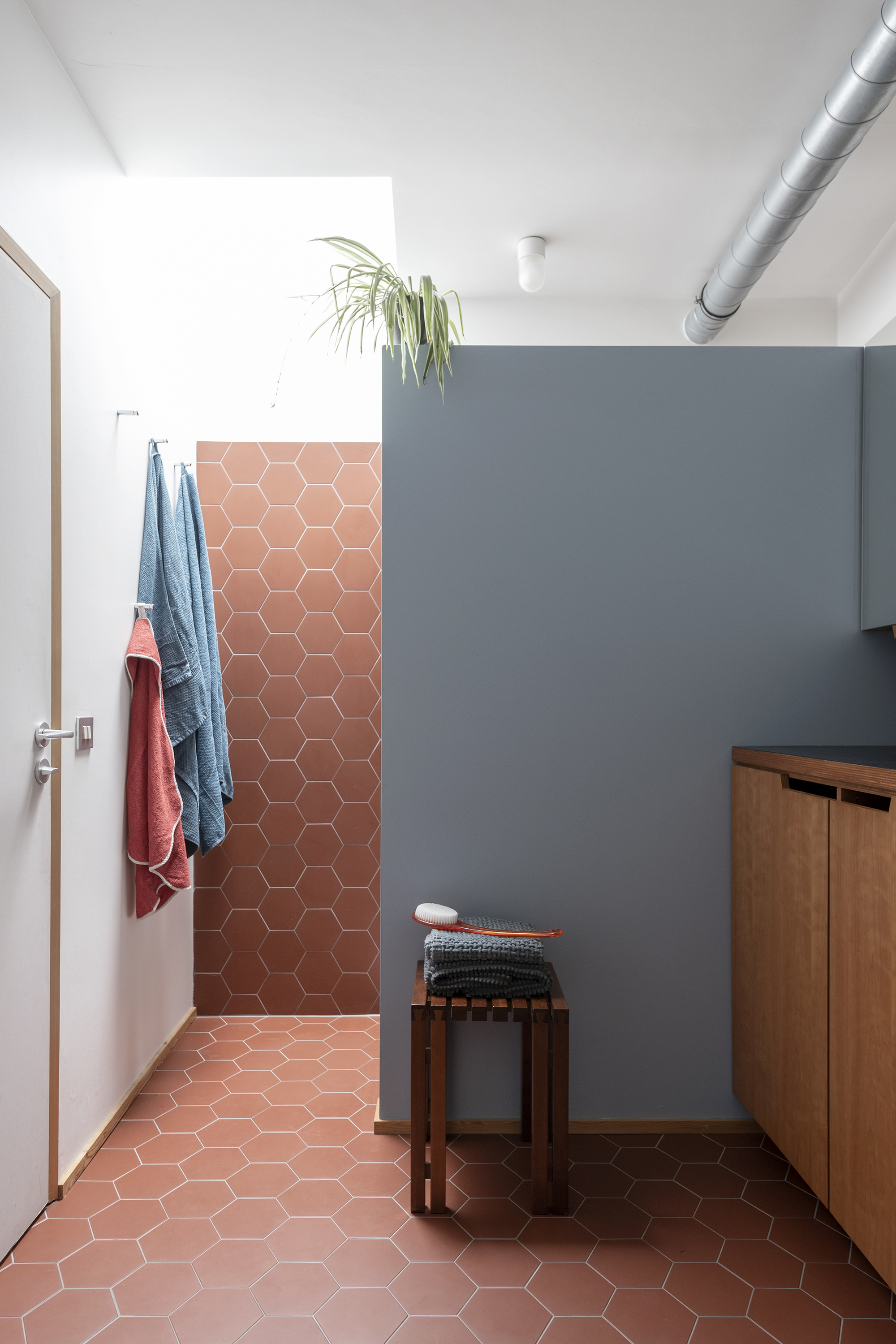 Bathroom entry with terracotta hexagonal tiles, grey wall partition and exposed metal ductwork overhead