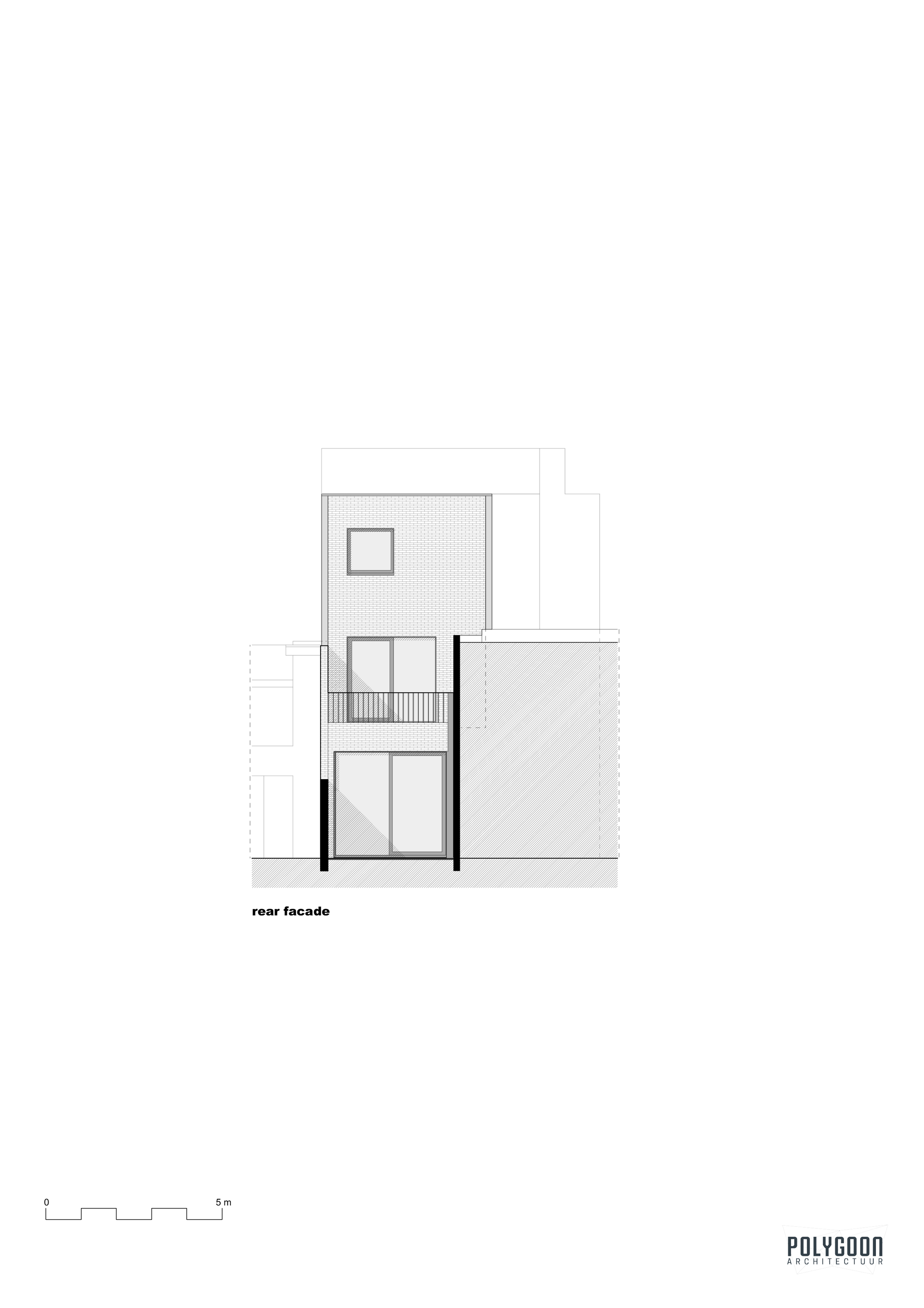 Rear facade elevation drawing showing a three-story volume with balcony and hatched party wall
