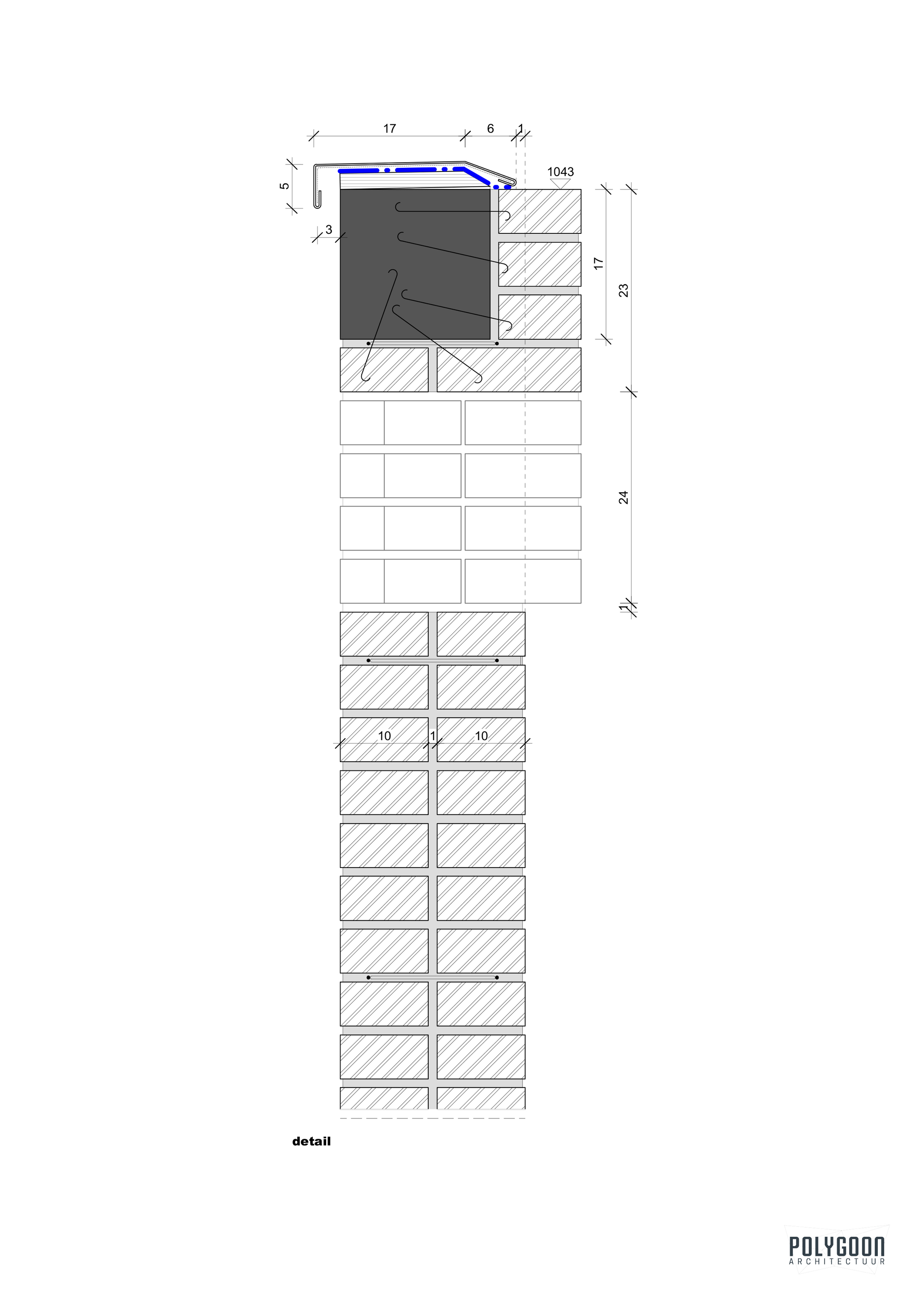 Detail section drawing of brick cladding system with numbered annotations and horizontal course layout