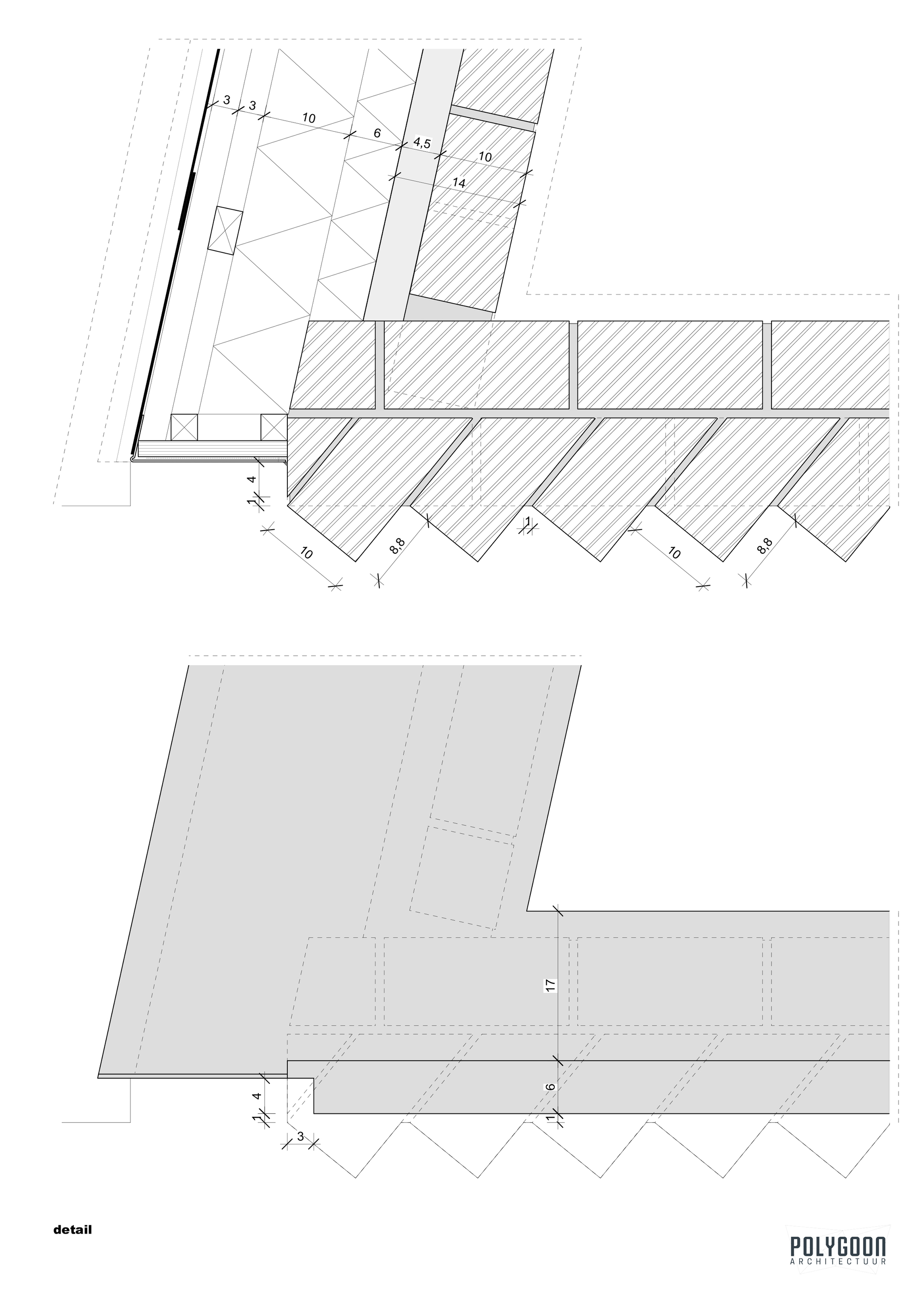 Detail drawings of sawtooth facade assembly and ground plane with diagonal paving geometry