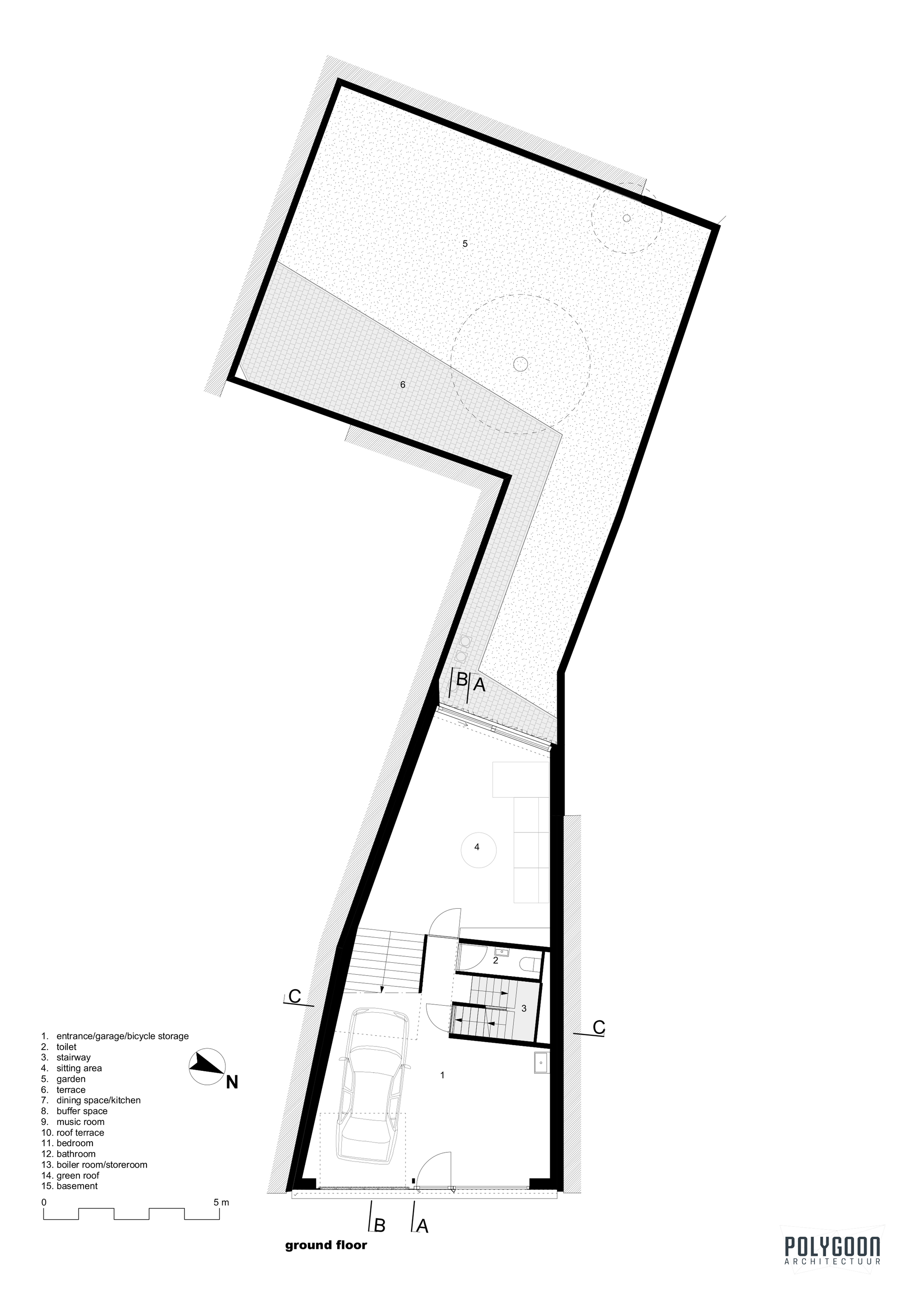 Ground floor plan drawing of an angular narrow lot dwelling with parking and stair