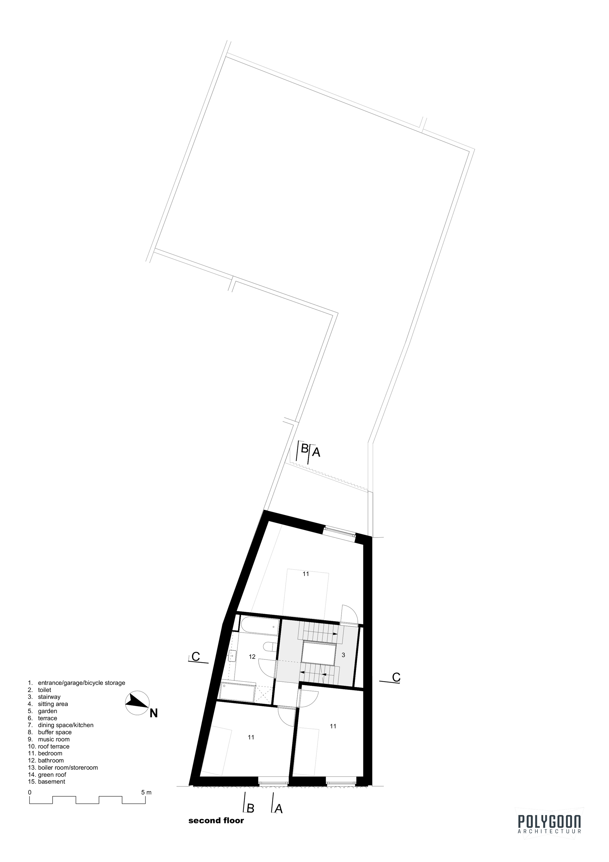 Second floor plan drawing showing an angled trapezoidal footprint with staircase and multiple rooms