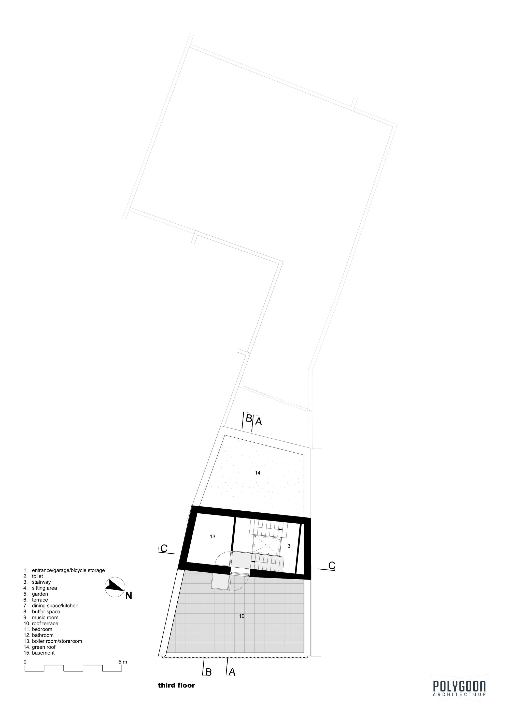 Third floor plan drawing showing the angled volume with a large terrace space
