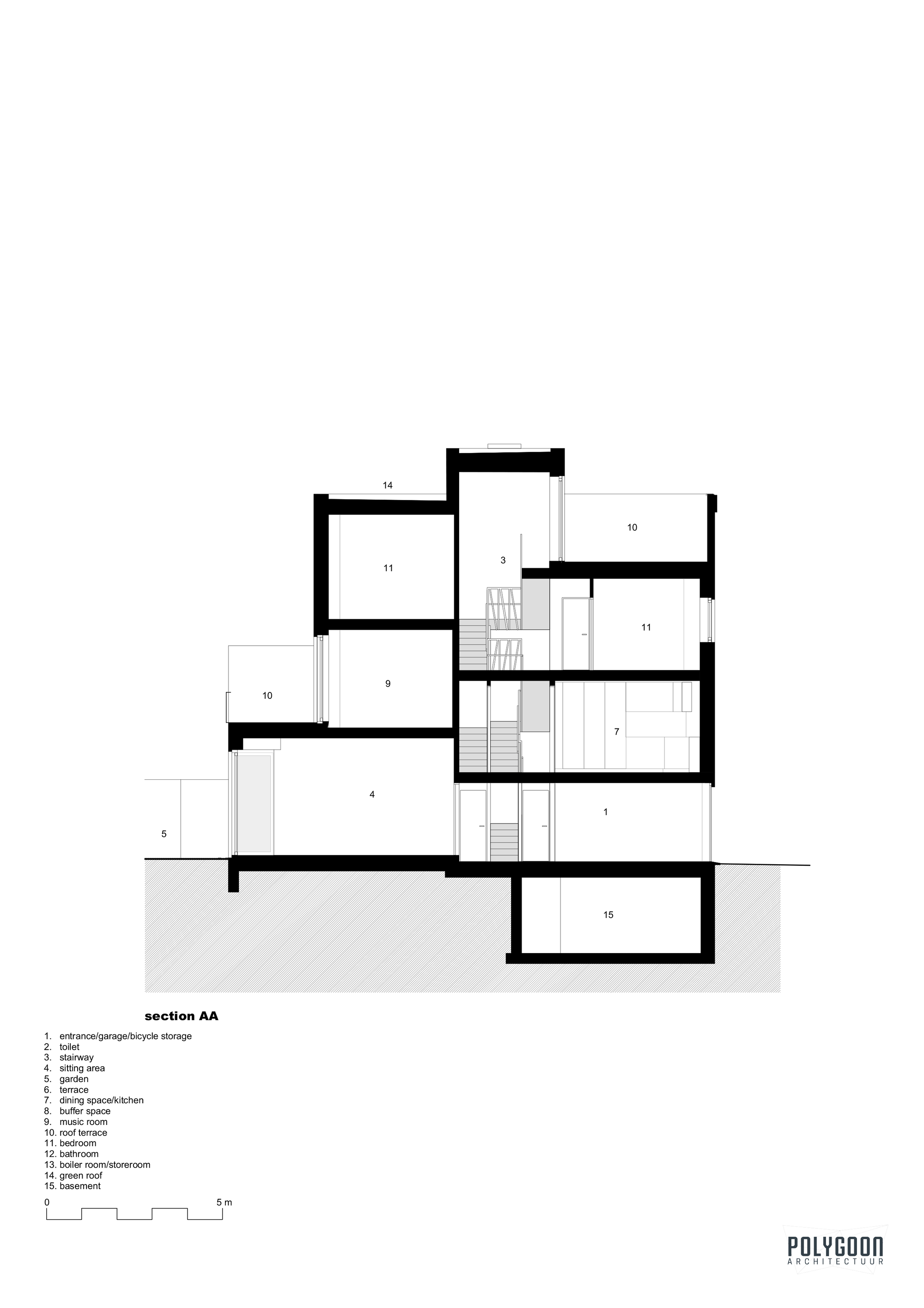 Section drawing showing split-level interior spaces connected by a central staircase