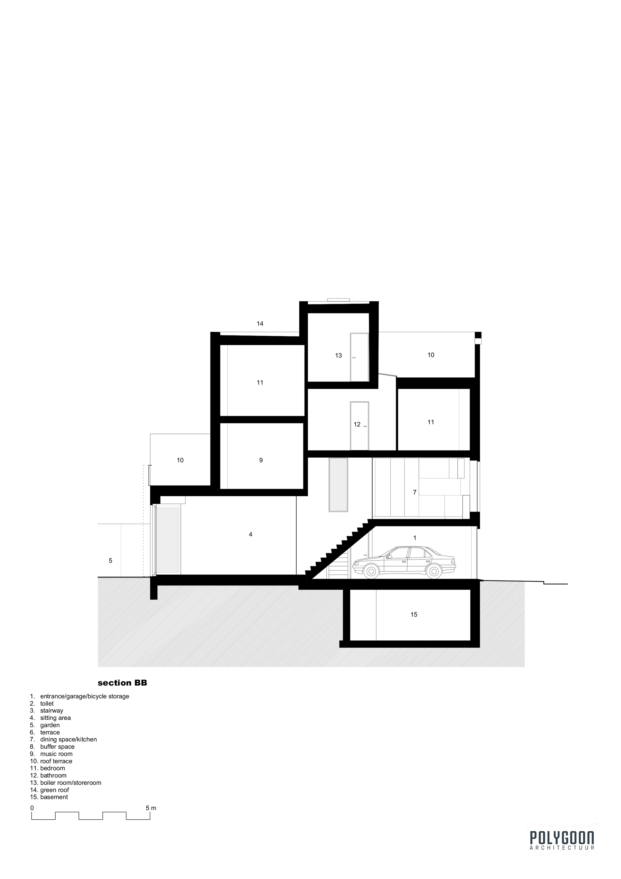 Section drawing revealing staggered floor levels and a car parked at the entry level