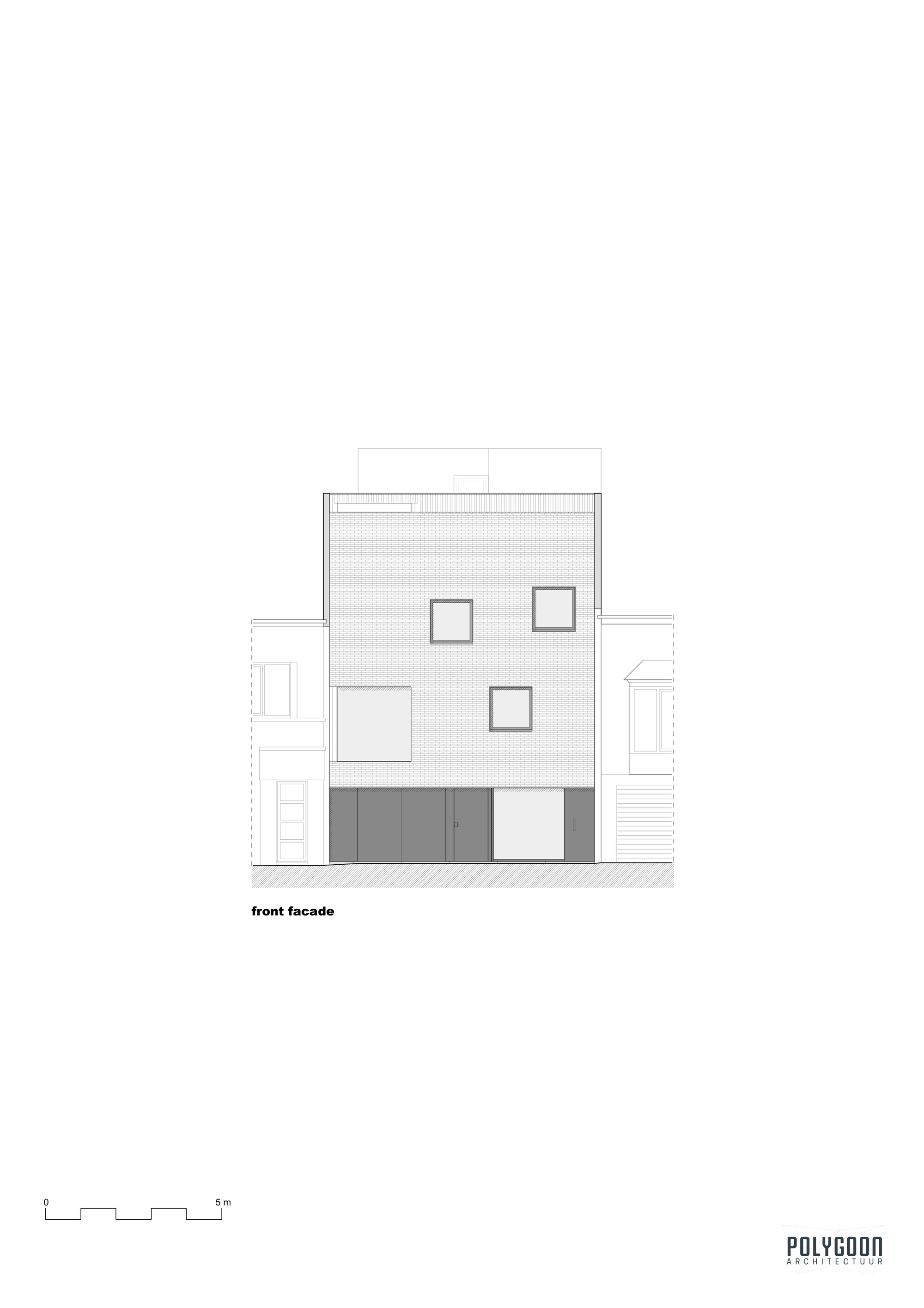 Front facade elevation drawing showing a recessed ground floor entry with square window openings above