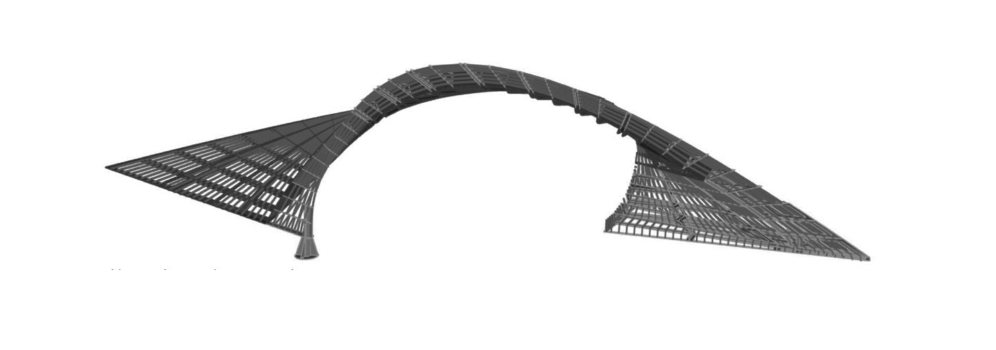 Section drawing revealing the latticed structural framework of the undulating canopy with support columns
