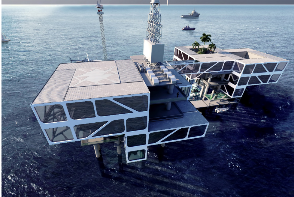 Futuristic adaptive reuse architecture transforms abandoned oil rigs into immersive marine cultural hubs.