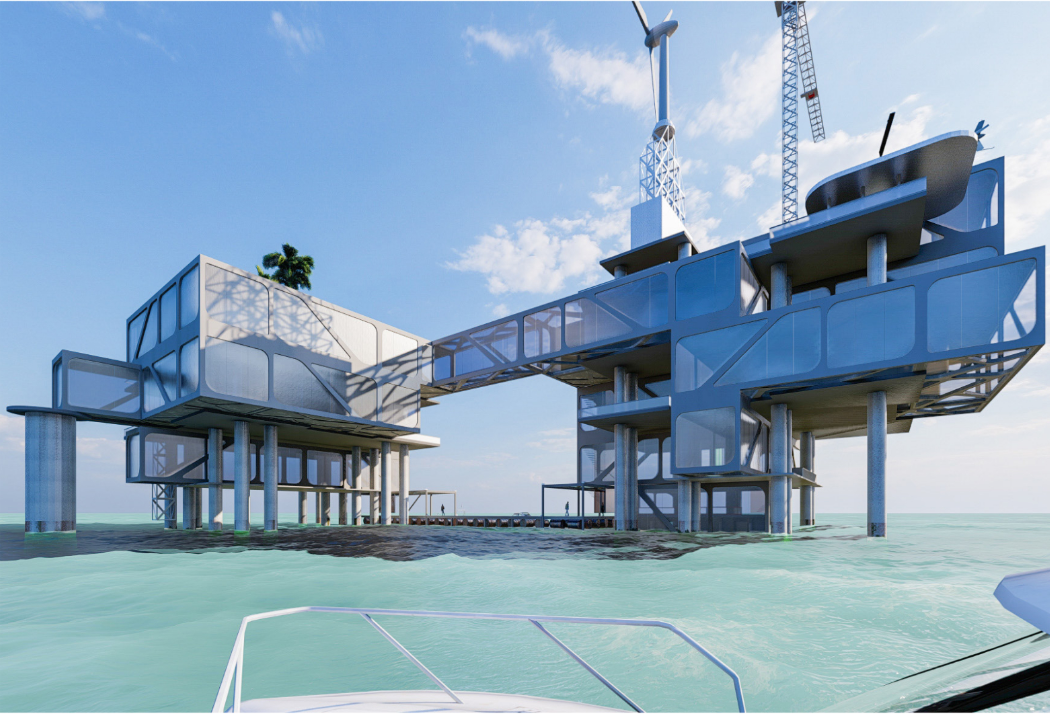 Elevated modular platforms create a dynamic dialogue between architecture, water, and horizon.