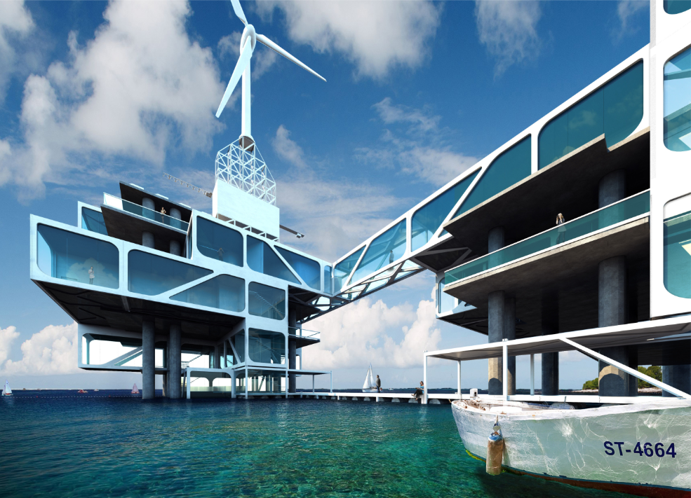 Transparent facades and interconnected bridges shape a futuristic floating architectural ecosystem.