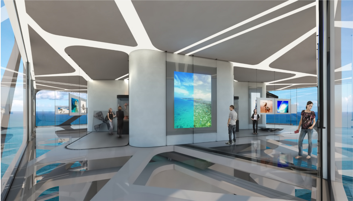 Immersive exhibition spaces merge marine landscapes with fluid interior architectural geometry.