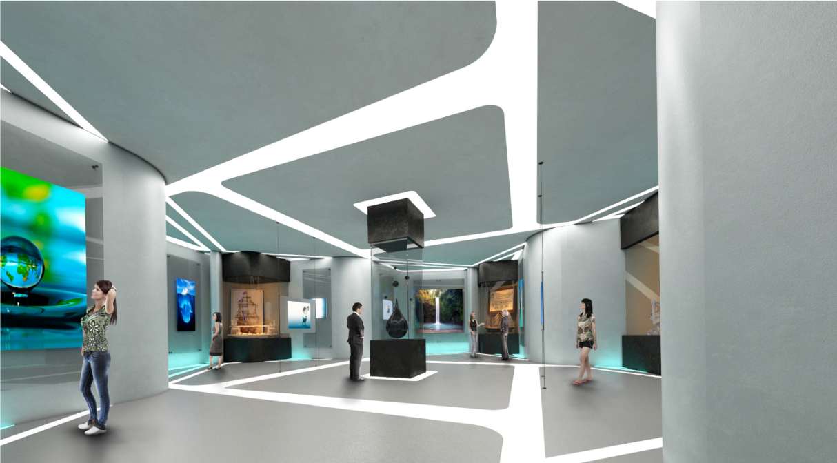 Polygonal lighting and reflective surfaces create a futuristic museum experience above the sea.