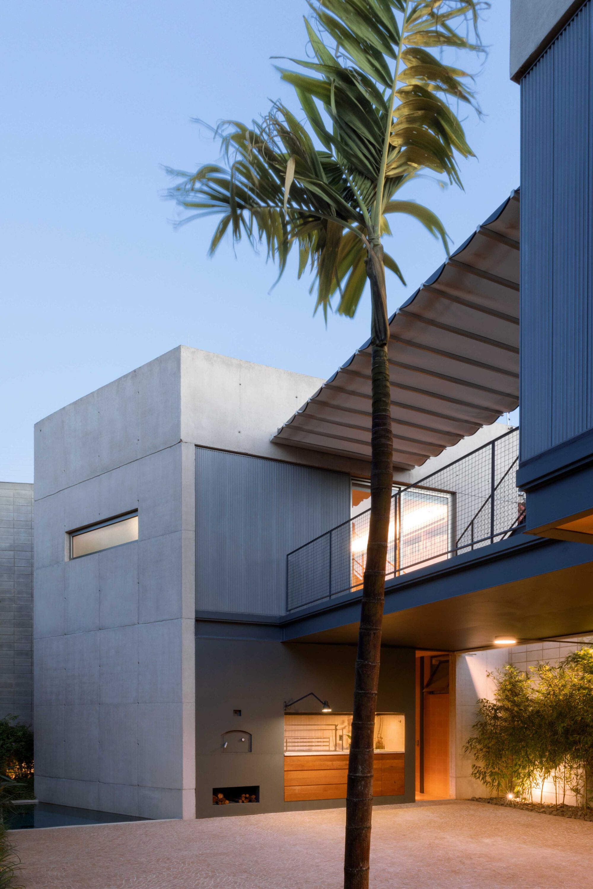 Concrete volumes with horizontal window openings and a palm tree at dusk with interior lights on