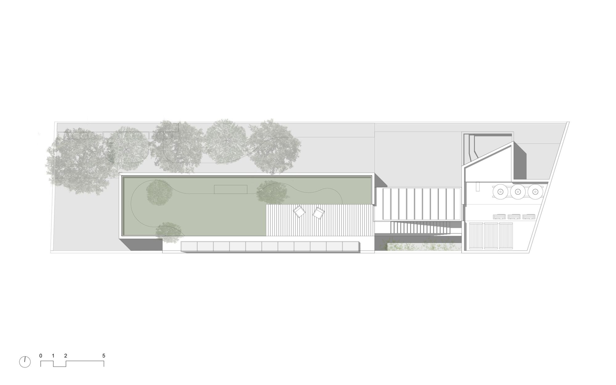 Ground floor plan drawing with linear garden courtyard flanked by pool and exterior stairs with street trees