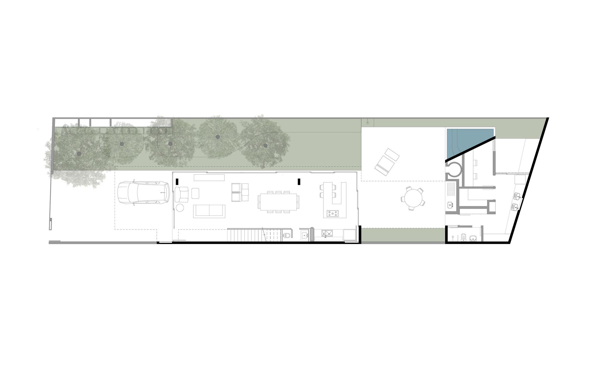 First floor plan drawing showing open living spaces with central stair and rear courtyard with pool