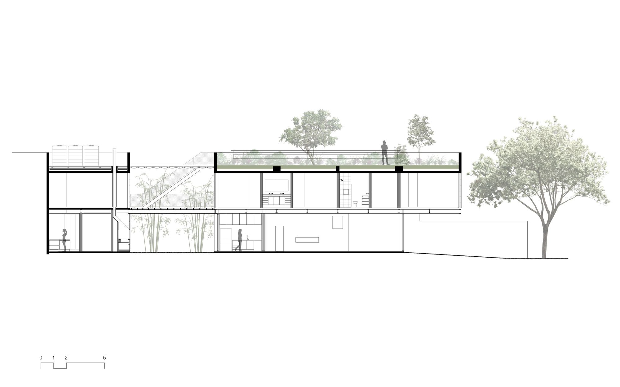 Longitudinal section drawing showing split levels with roof terraces, planted areas and figures at different heights
