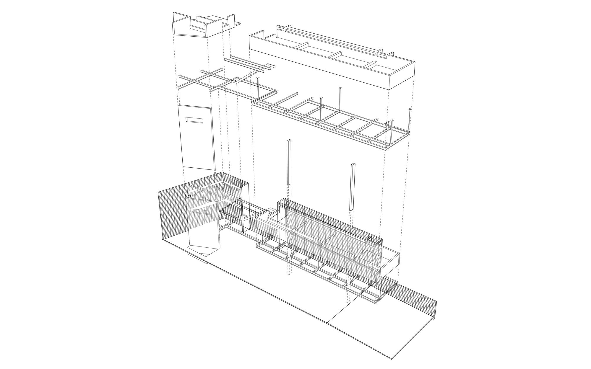 Axonometric drawing revealing the structural framework, roof beams, and mesh screening of a two-level volume