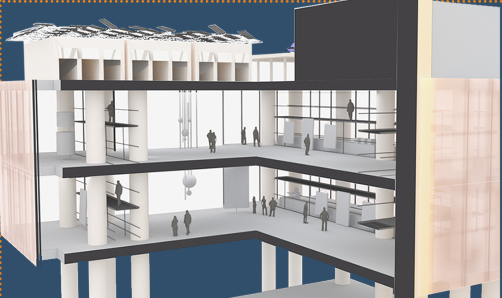 Section through the gallery space, revealing open floors, retained structural columns, and translucent façade layers.