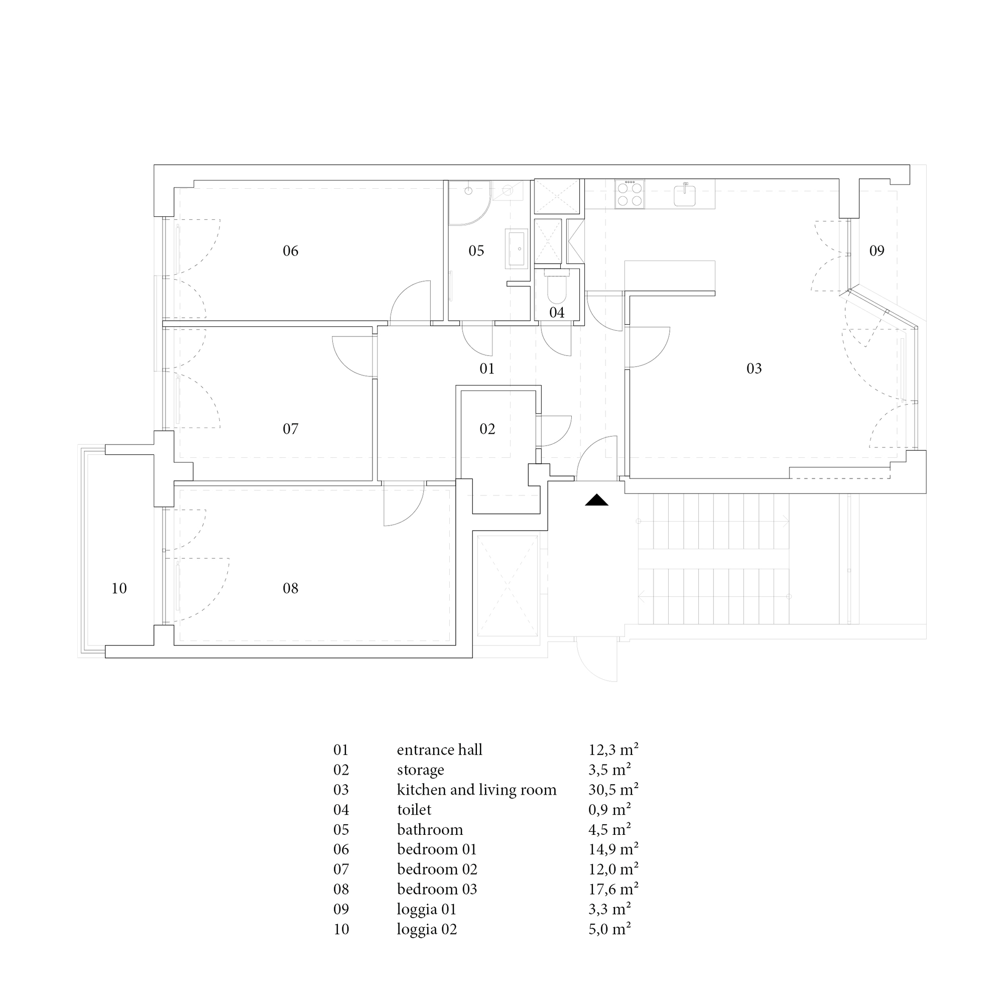 Floor plan drawing showing entrance hall and three bedrooms arranged around central bathroom and kitchen