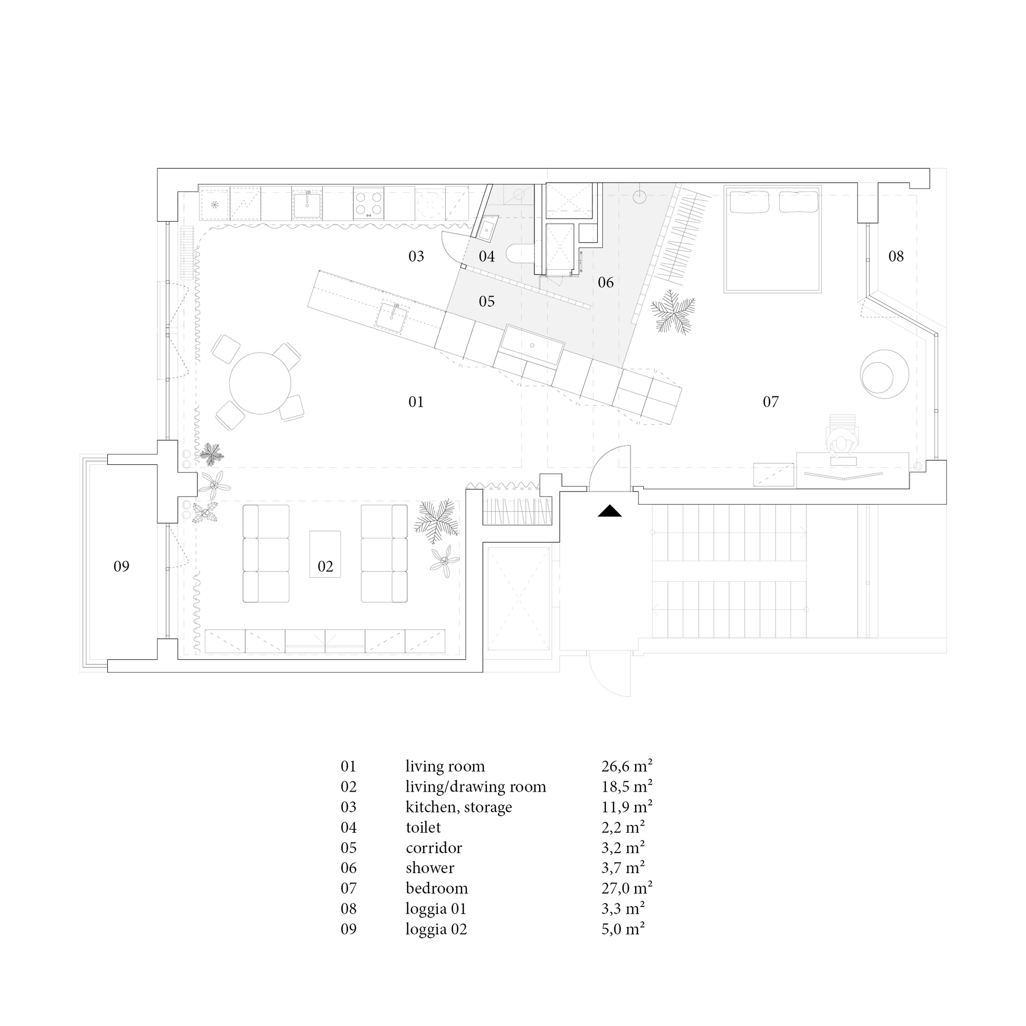 Floor plan drawing showing open living room with angled kitchen counter and multiple loggias
