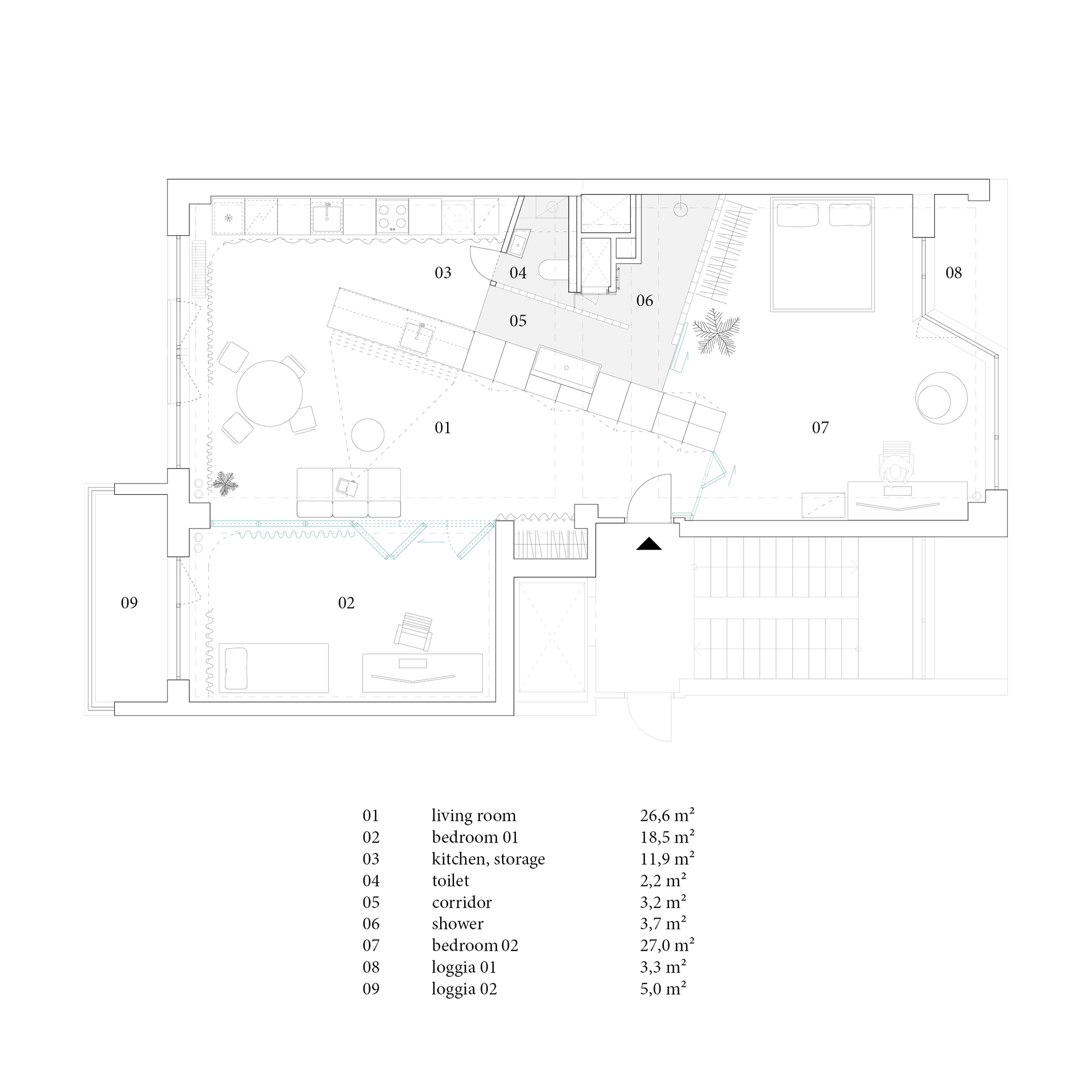 Floor plan drawing showing living room and bedroom separated by corridor with furniture layout indicated