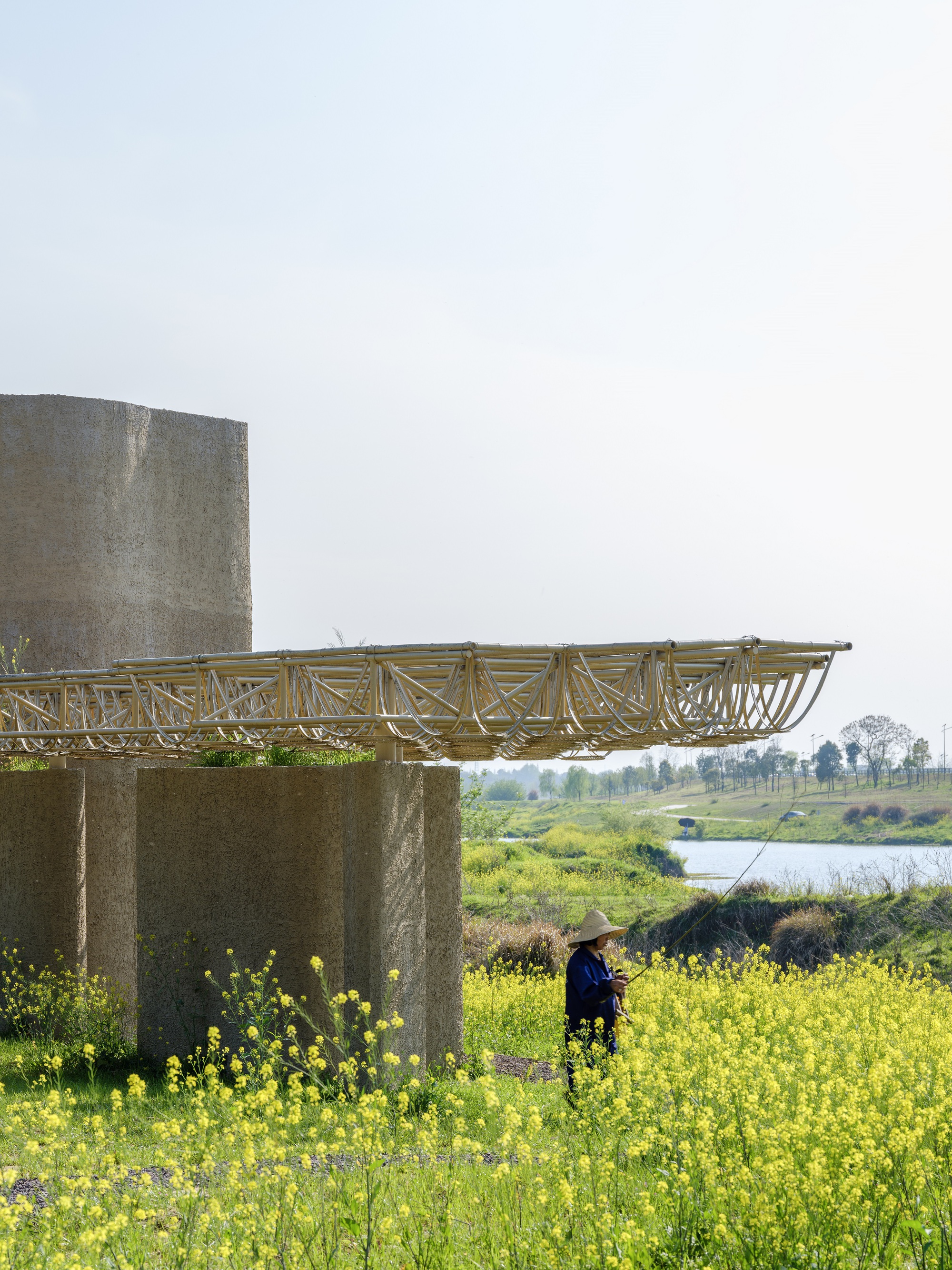 Concrete columns supporting a lattice shade structure with a figure sheltering among yellow flowering plants