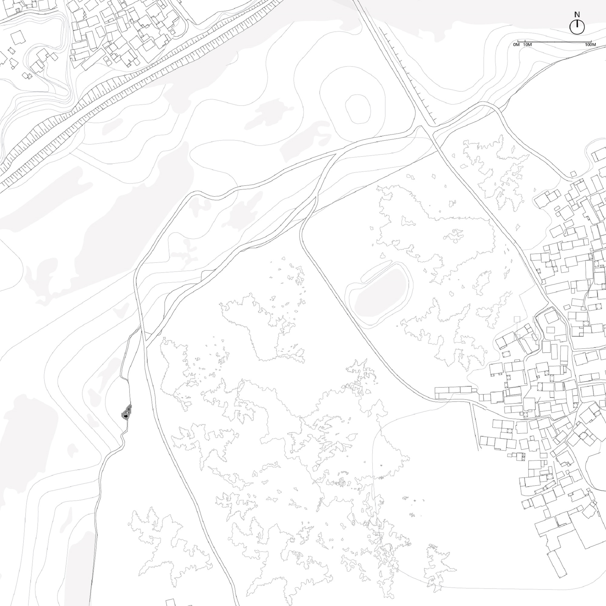 Site plan drawing showing topographic contours, pathways, scattered vegetation and adjacent urban fabric