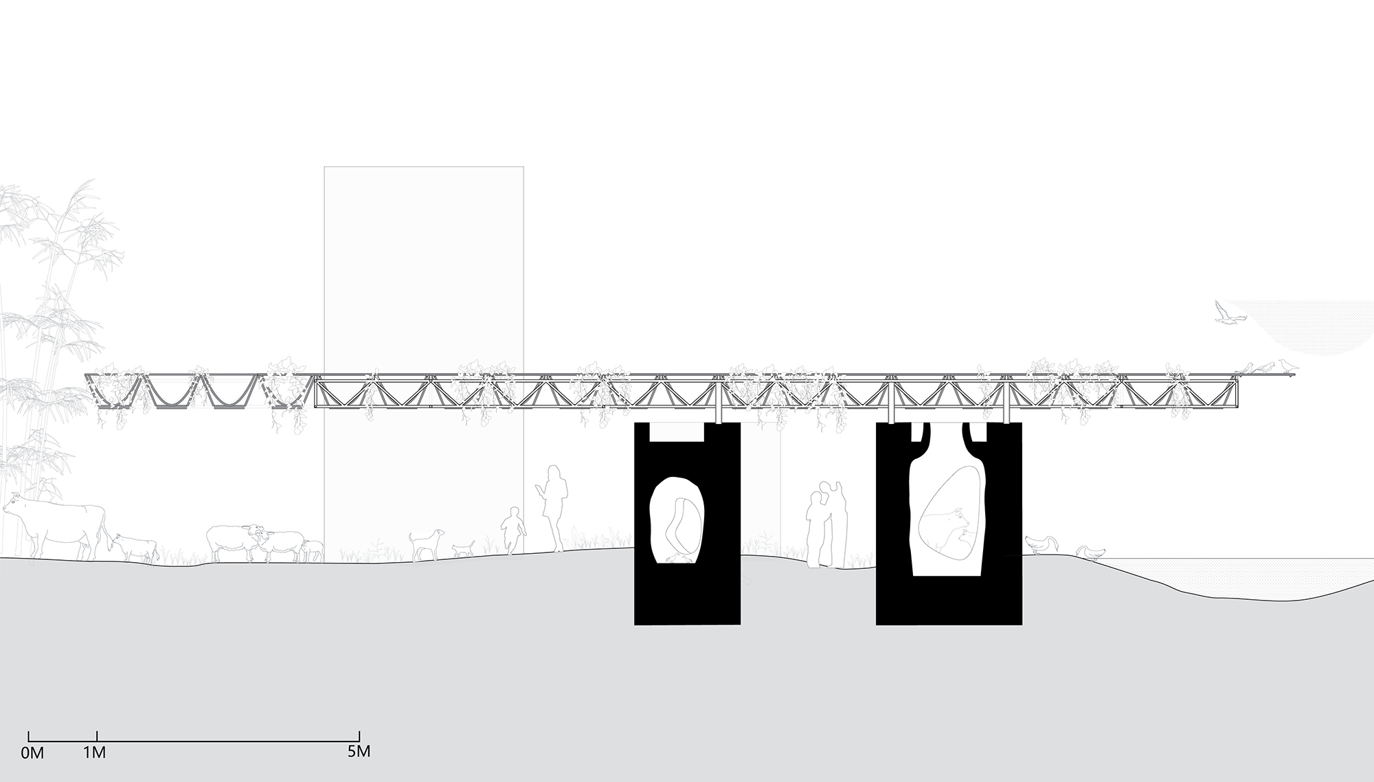 Section drawing showing twin towers beneath a long truss canopy with figures and tree sketches