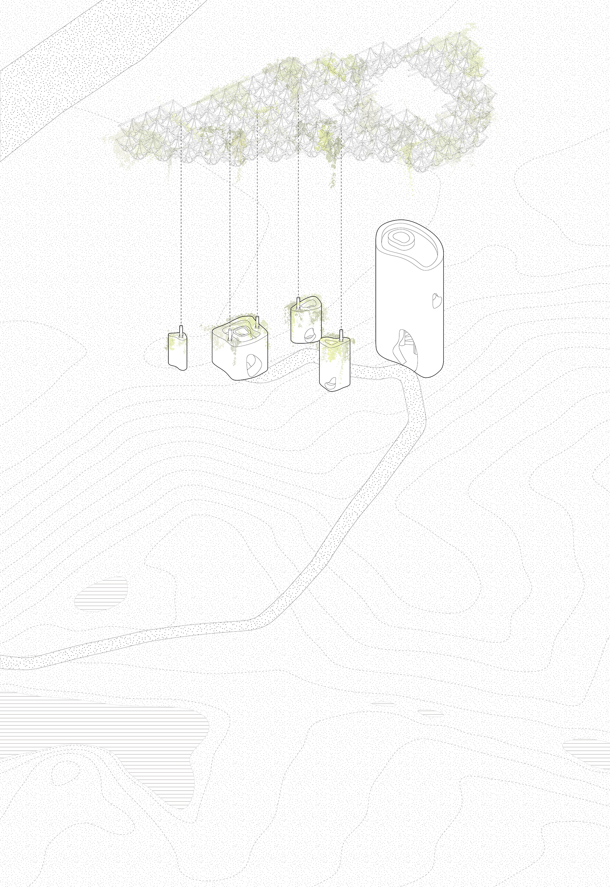 Axonometric drawing showing clustered volumes under a shared canopy with greenery and a meandering path
