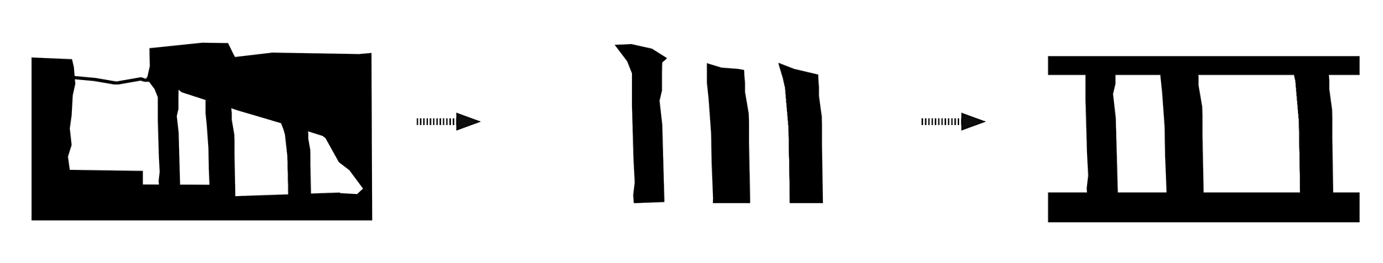 Diagram showing progressive transformation of a solid mass into a columned structural frame