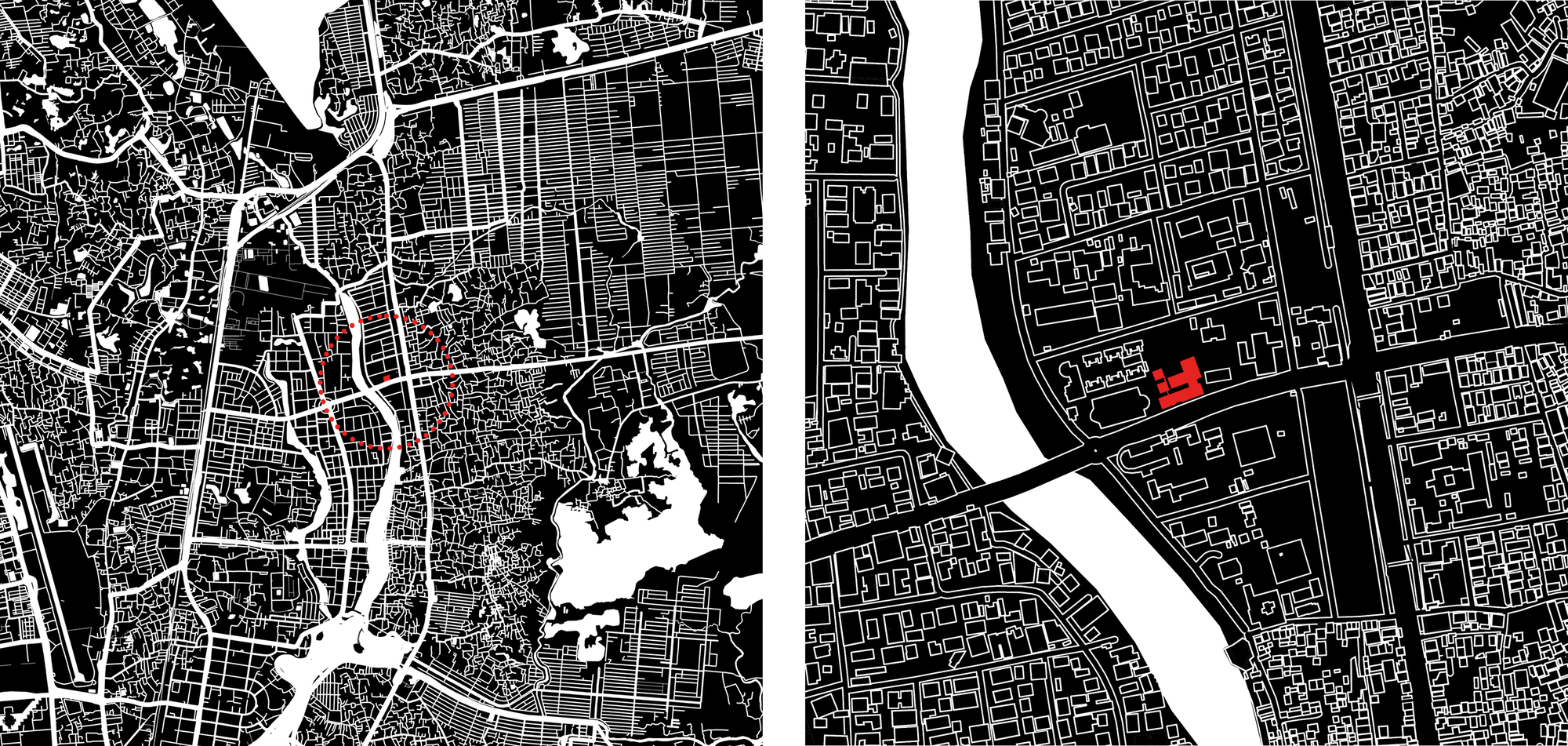 Site plan drawing showing the building footprint highlighted in red within the urban waterfront context