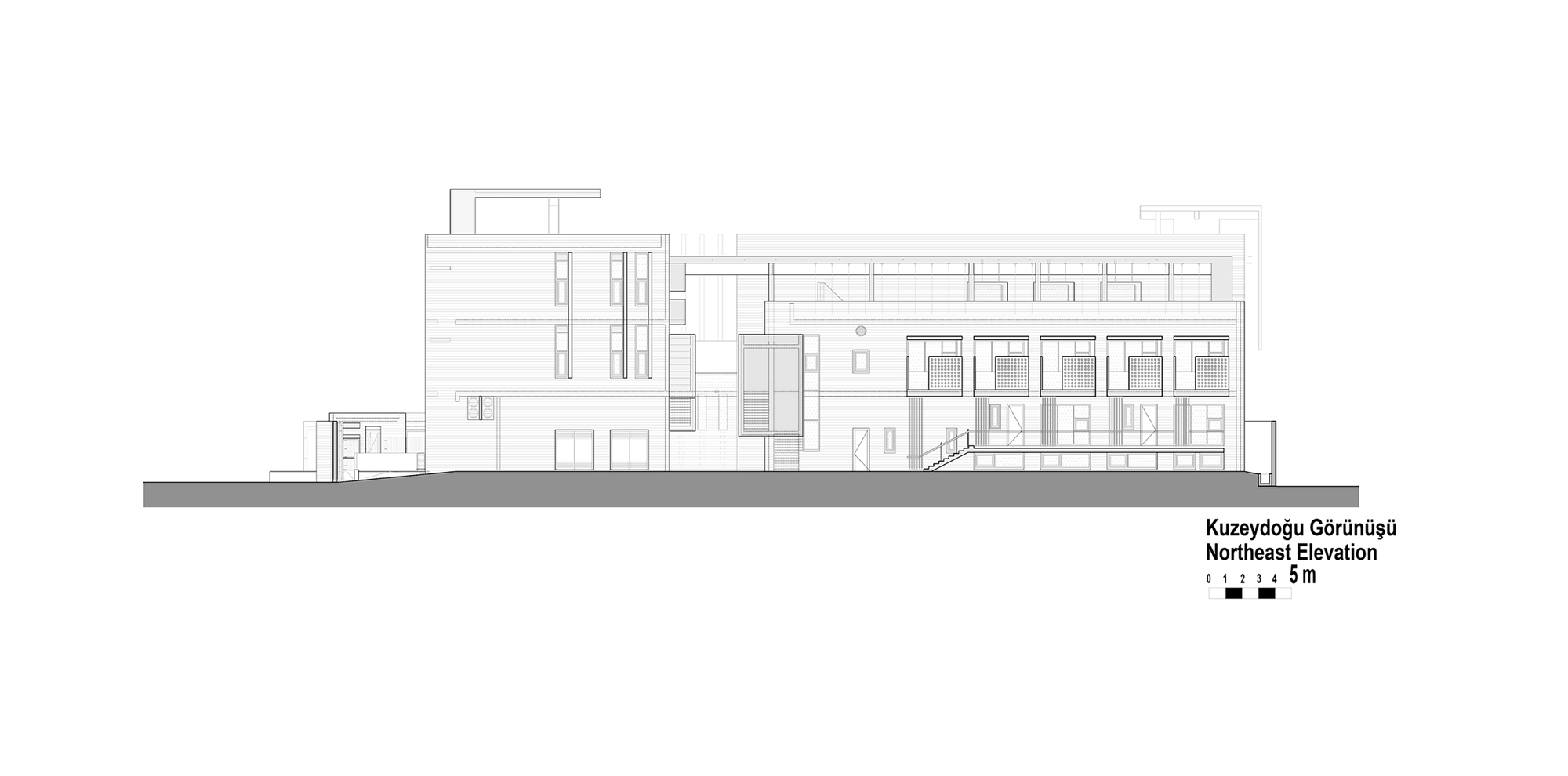 Northeast elevation drawing showing a multi-level composition with recessed windows and an exterior staircase