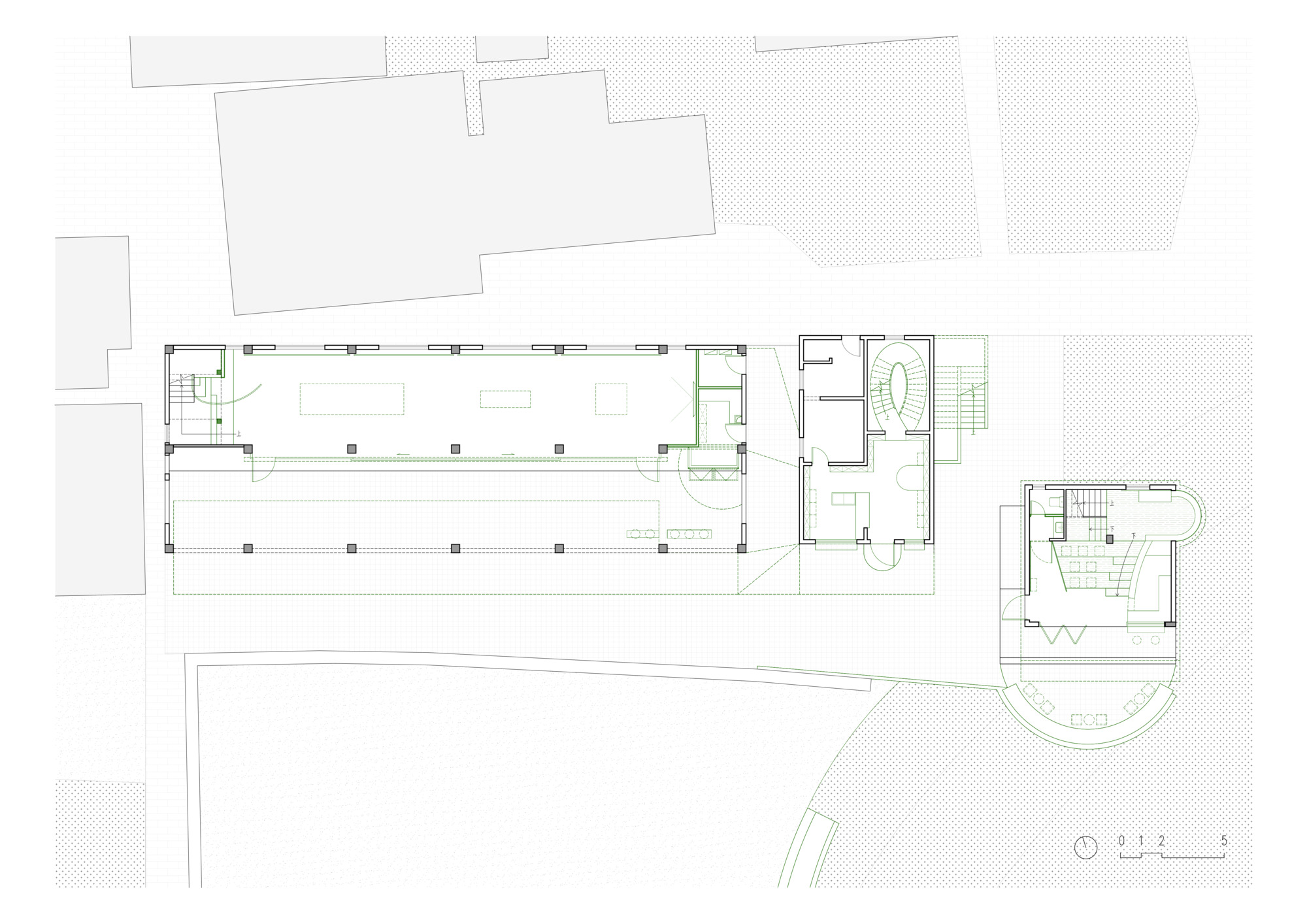 Ground floor plan drawing showing the long exhibition hall with structural columns and adjacent service rooms