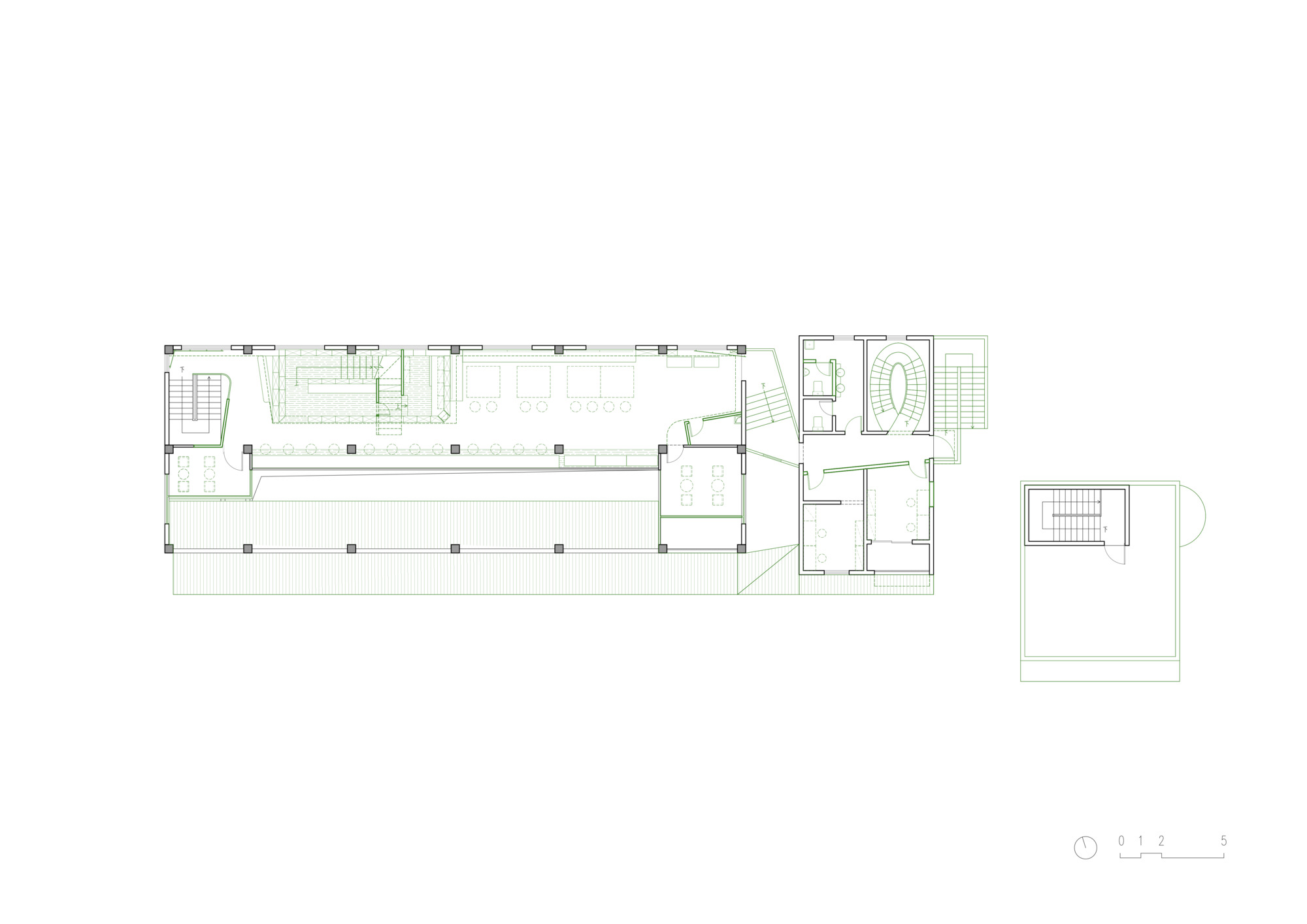 Upper level floor plan drawing showing the mezzanine gallery space with stairs and open viewing area